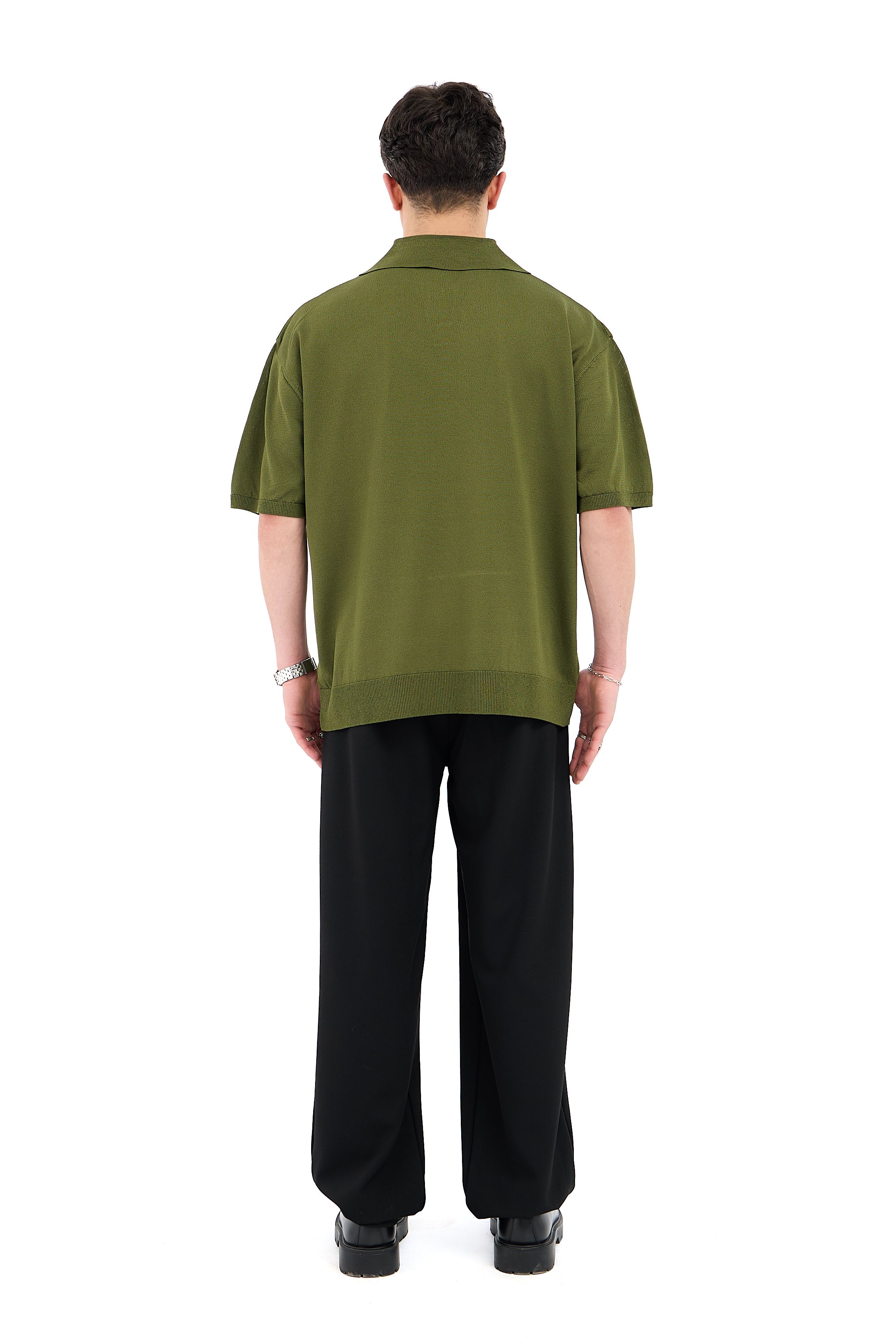 Crep Kumaş Polo Yaka Oversize Triko Tişört - YAĞ YEŞİLİ