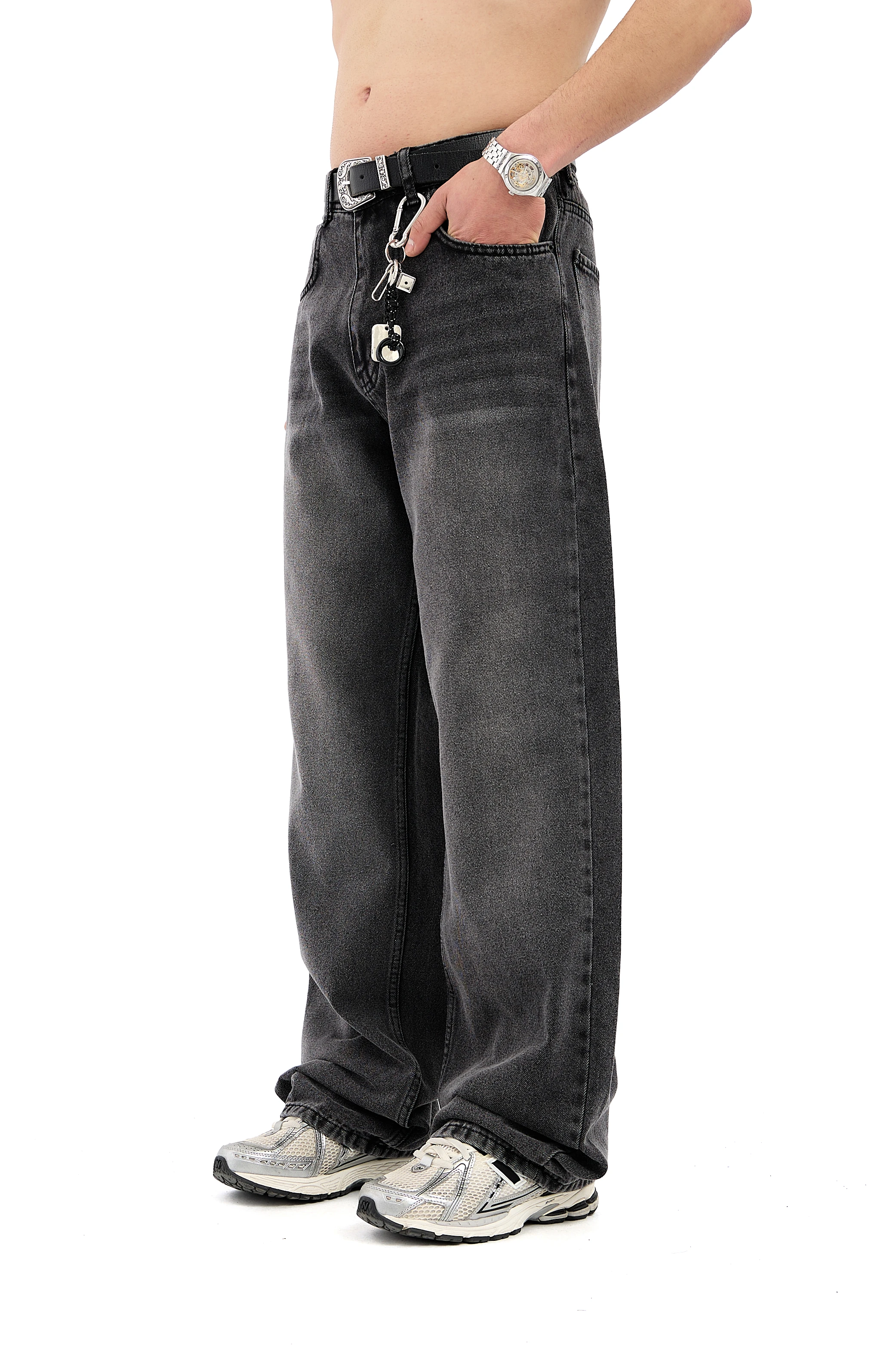 Çizgili Gri Super Baggy Jean