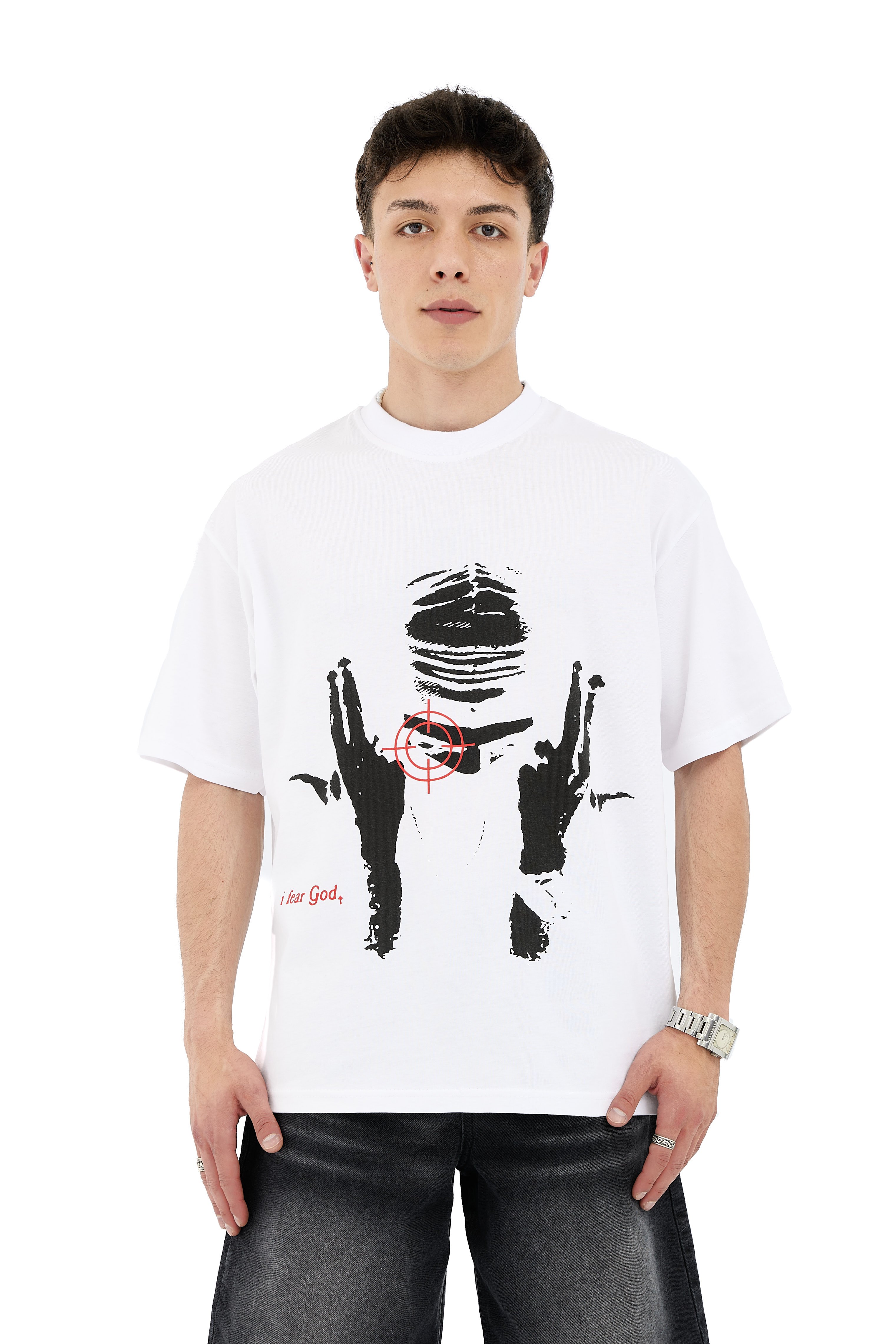 By Fear Baskı Detay Oversize Tişört - BEYAZ