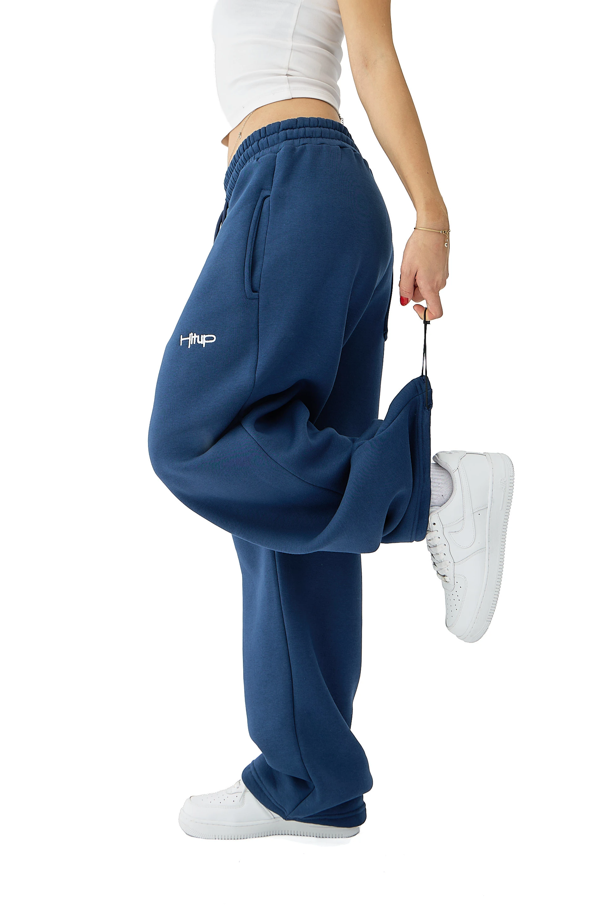 Kışlık Hitup Nakışlı Premium Ayarlanabilir Paça Oversize Eşofman Altı - İNDİGO