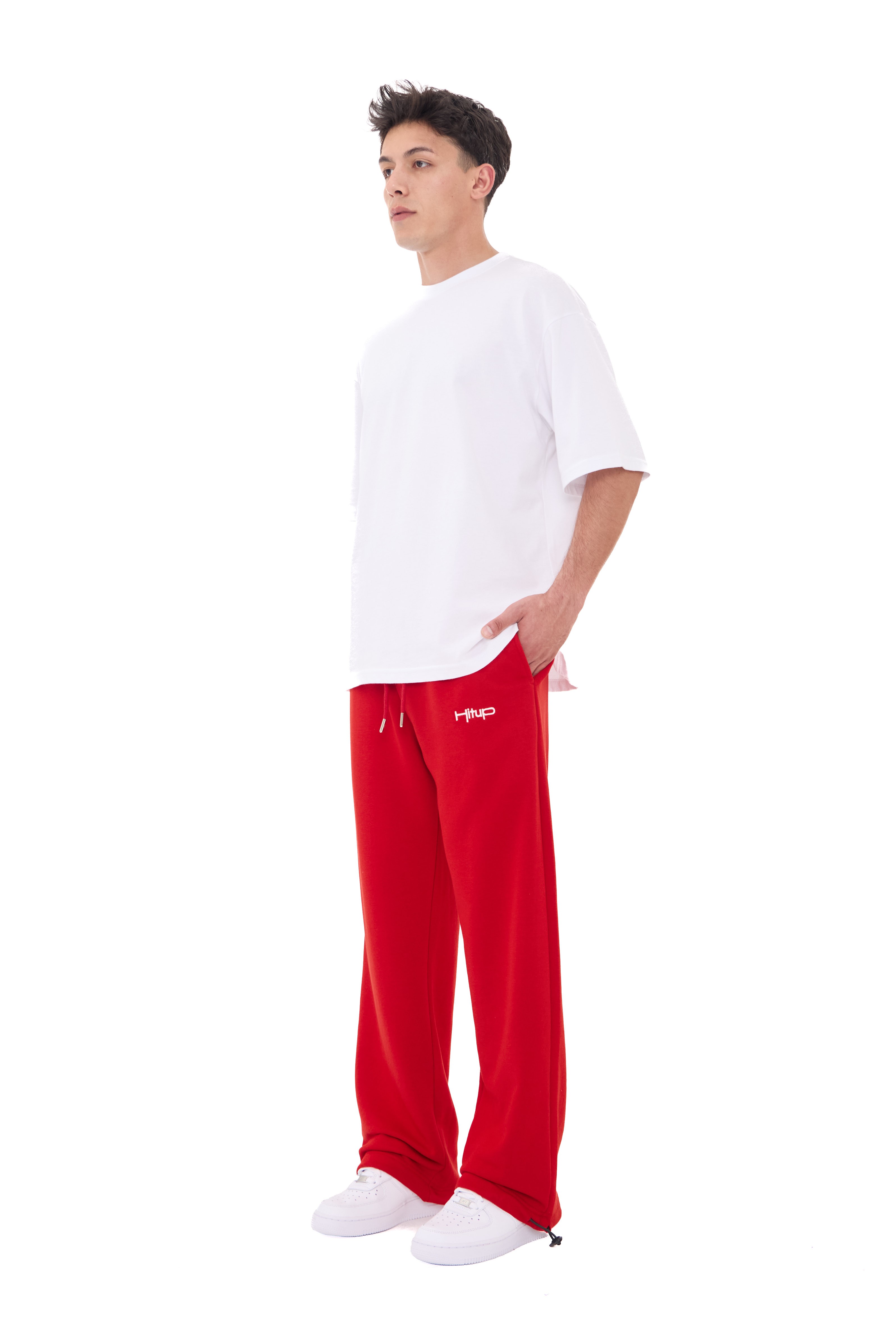  Hitup Nakışlı Premium Ayarlanabilir Paça Oversize Eşofman Altı  - KIRMIZI