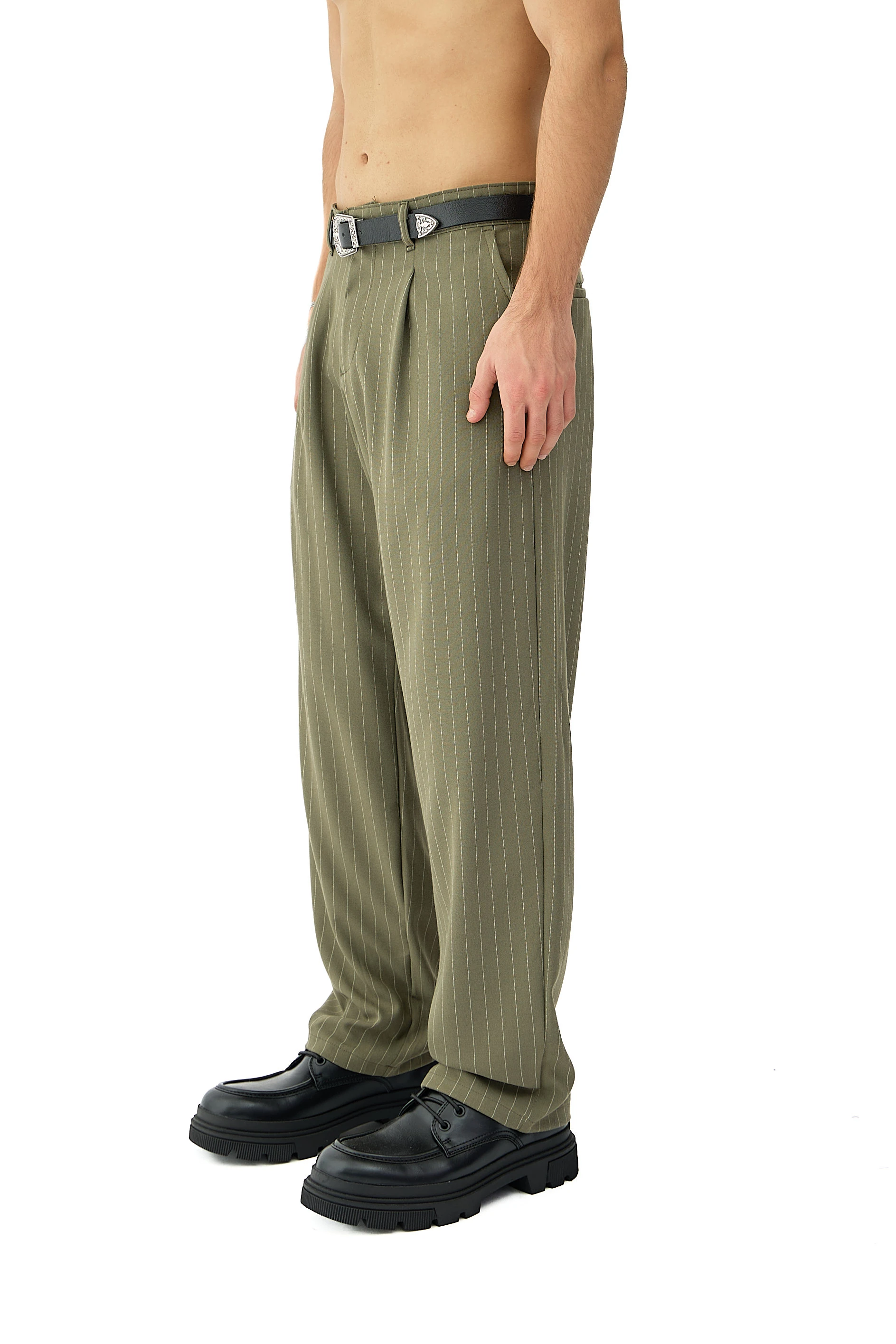 Kalın Tuşeli Çizgili Detay Baggy Fit Kumaş Pantolon - YEŞİL