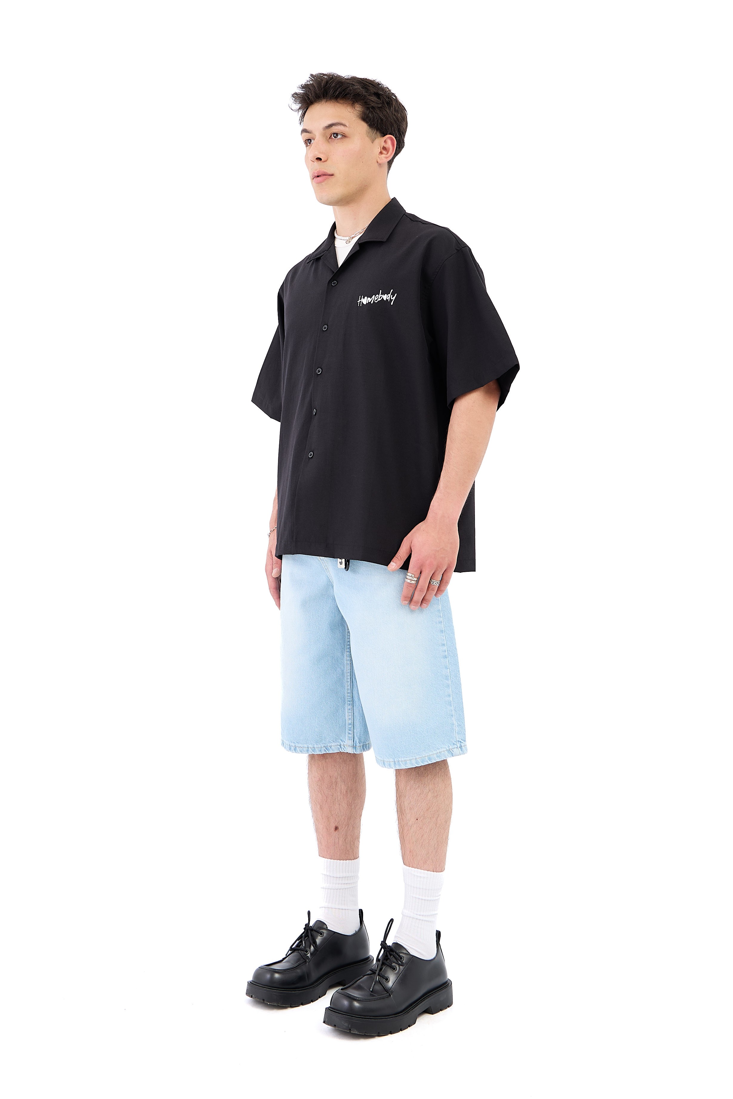 Çizgili Soldurma Efekt Baggy Jean Şhort - MAVİ
