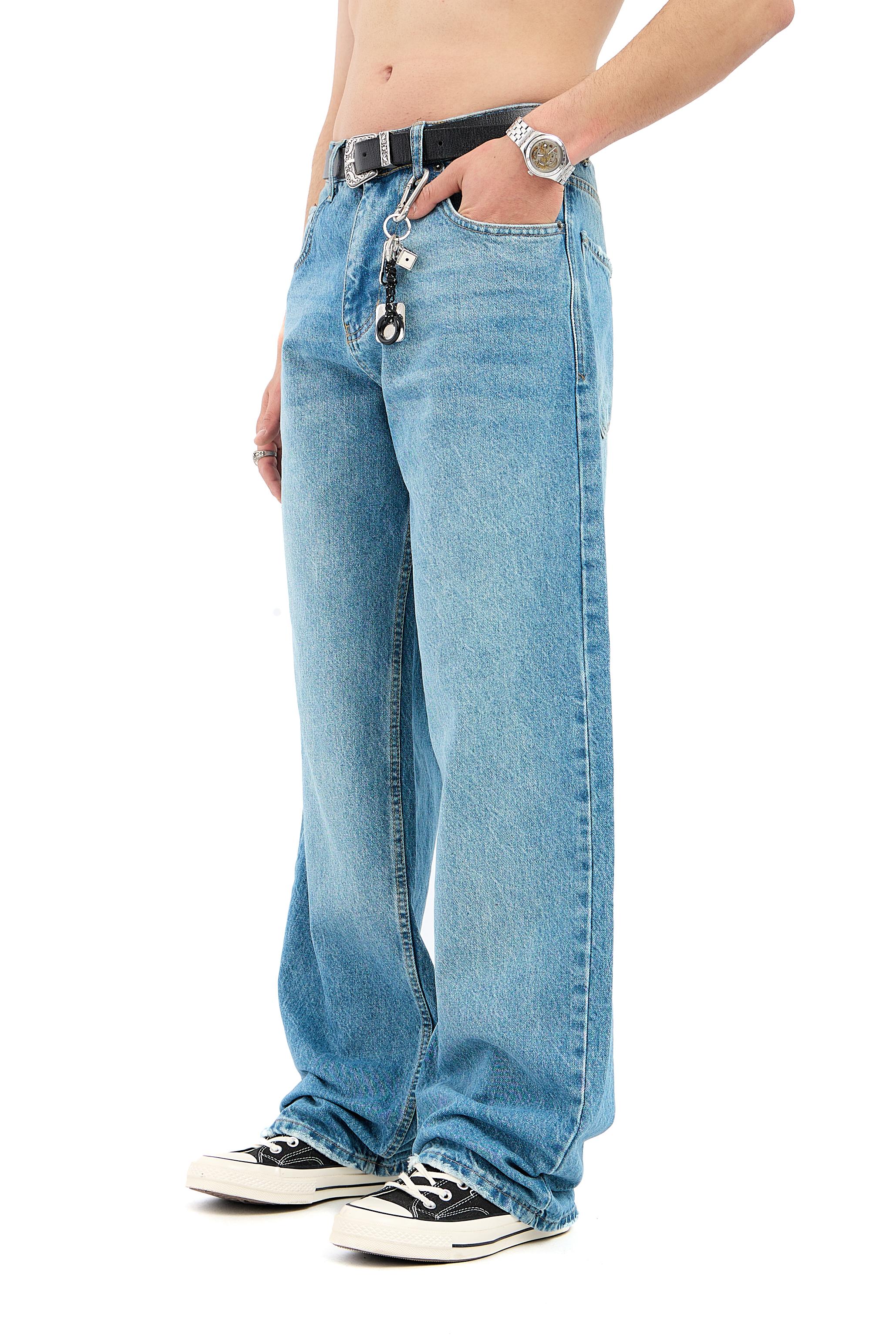 Çizgili Yıkama Detay Mavi Baggy Jean 
