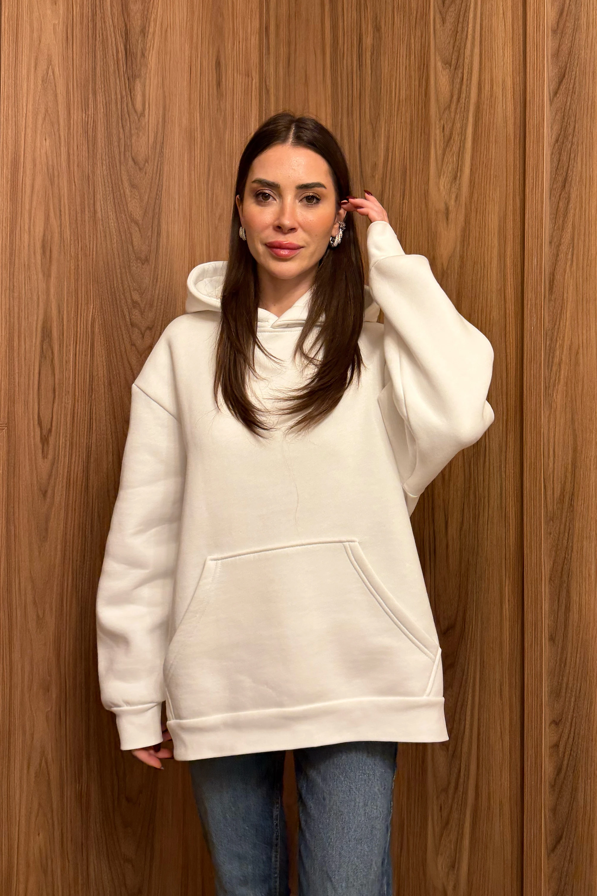 Radiantlady Sırt Tül Üzerine Hologram Taş Detay Hoodie - BEYAZ