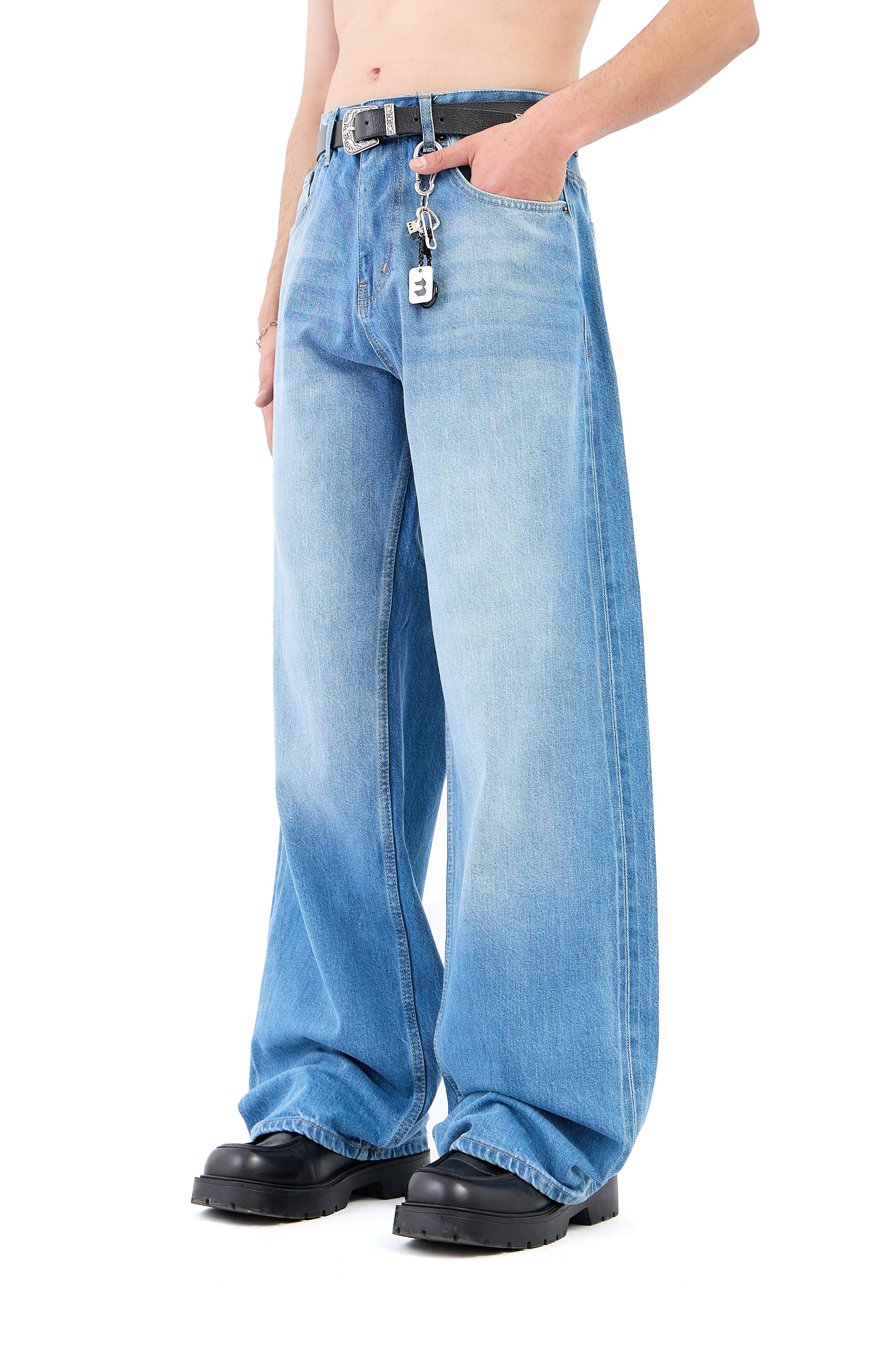 Çizgili Soldurma Detay Mavi Baggy Jean 