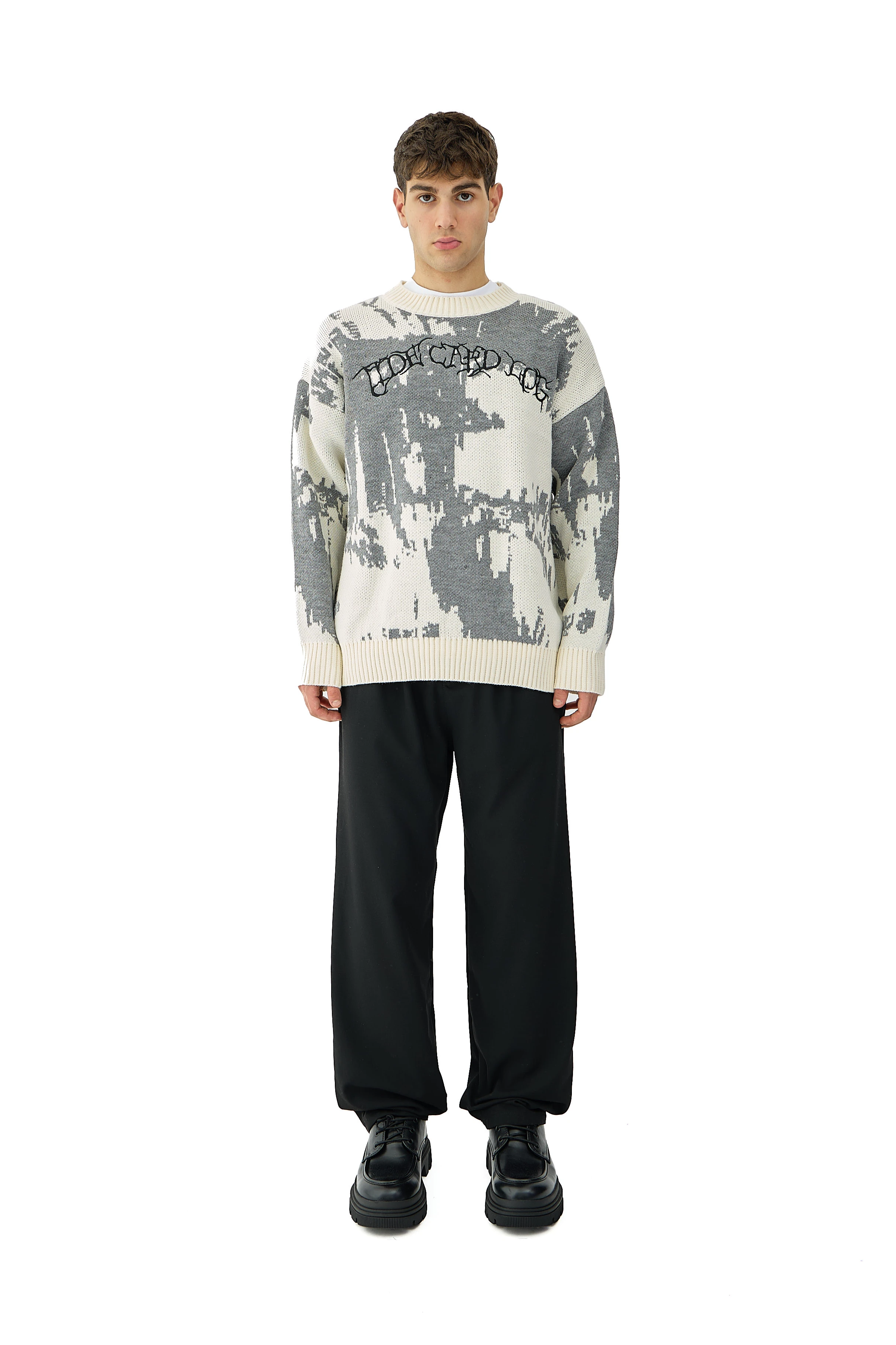 Glitch Nakış Detay Premium Oversize Triko Kazak - EKRU