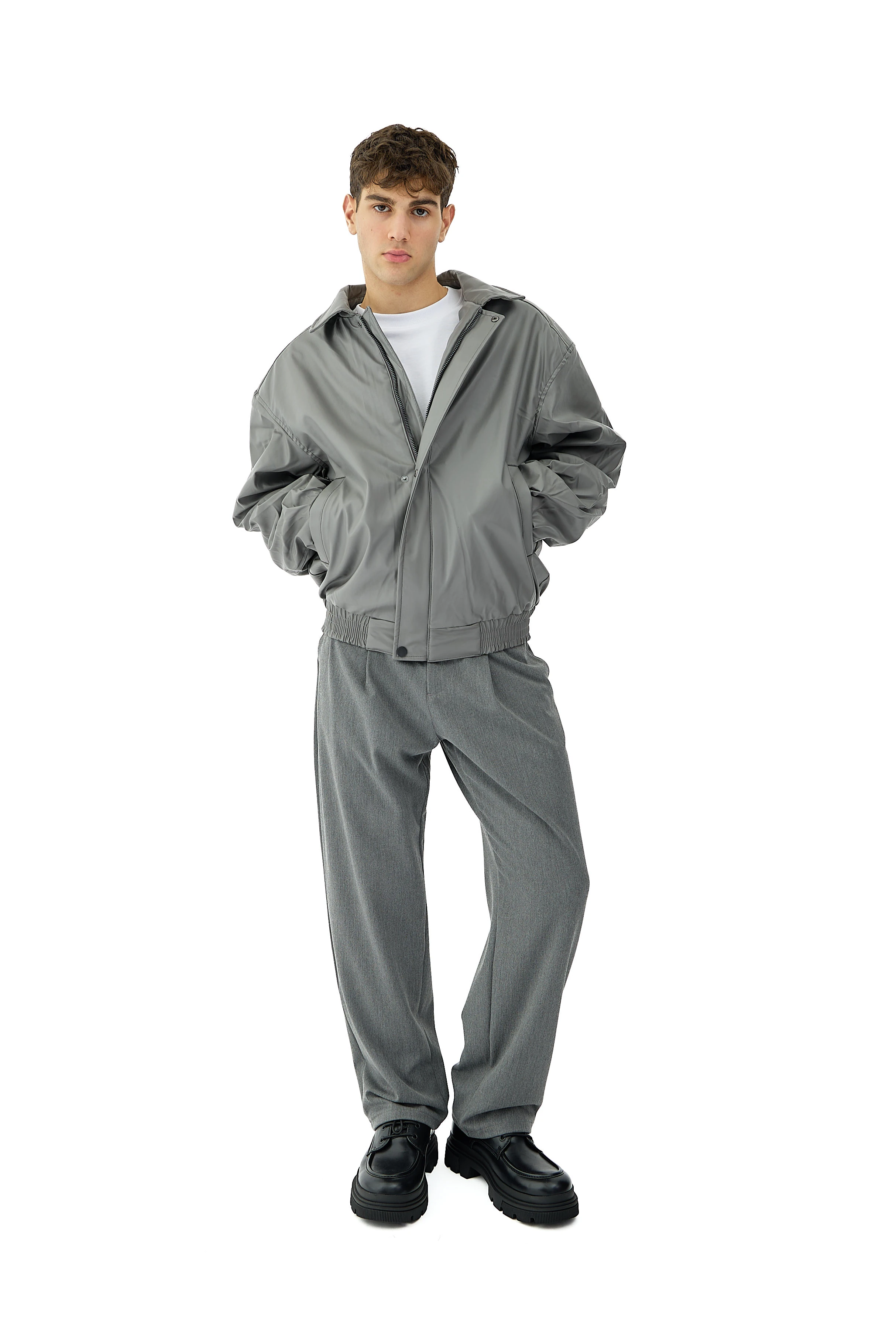 90's Oversize Bomber Deri Ceket - GRİ