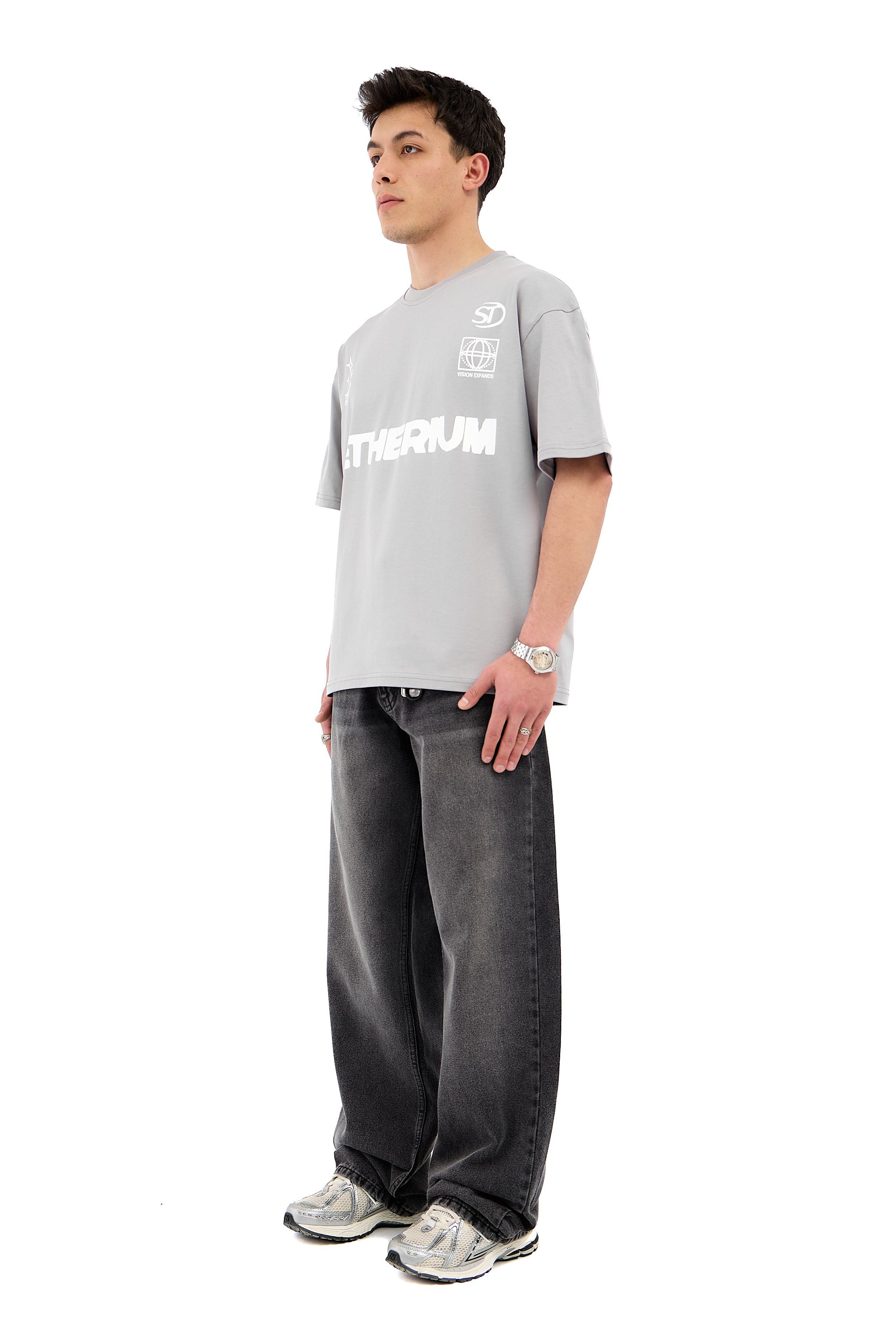 Çizgili Gri Super Baggy Jean