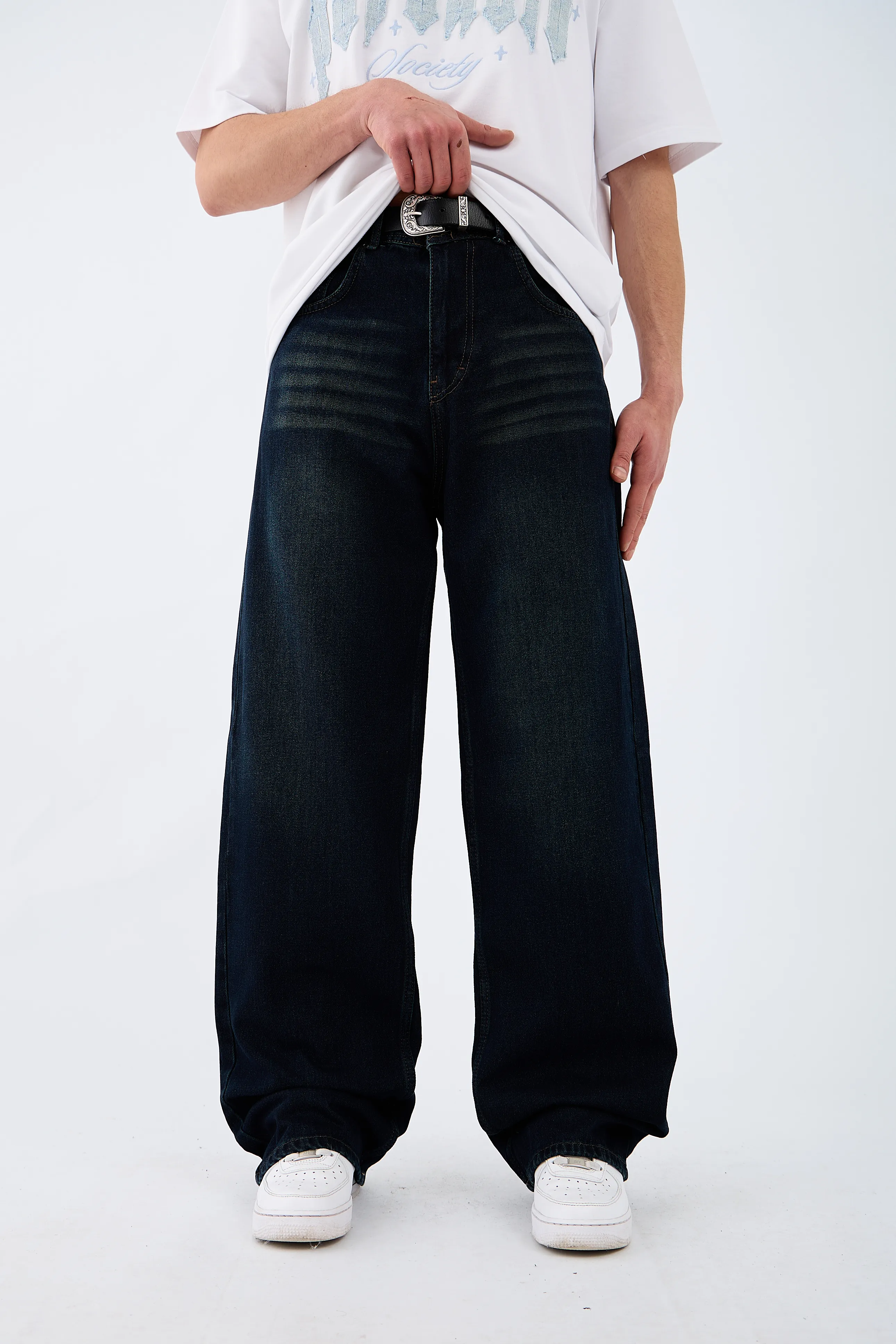 Çizgili Midnight Blue Baggy Jean