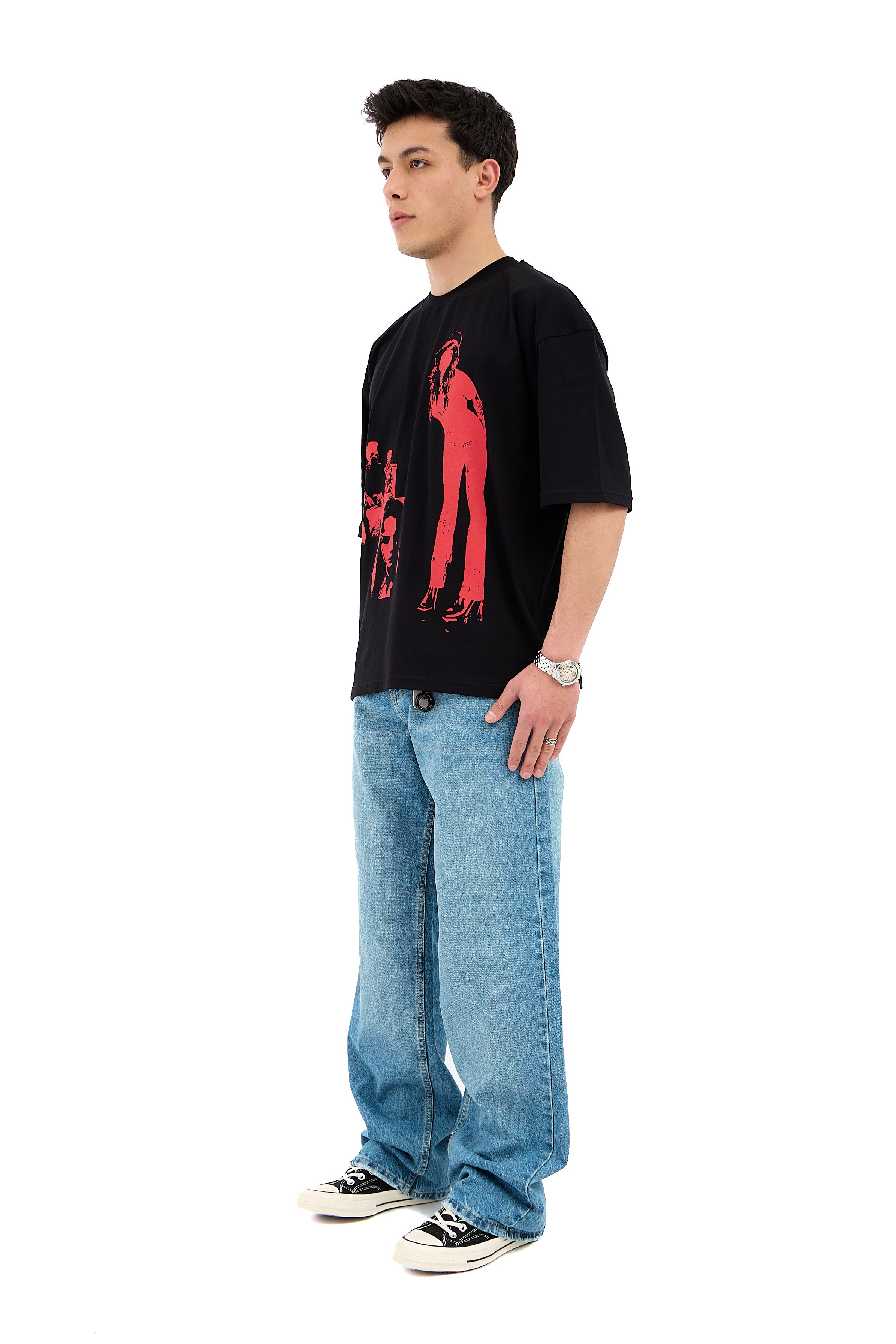 Çizgili Yıkama Detay Mavi Baggy Jean 