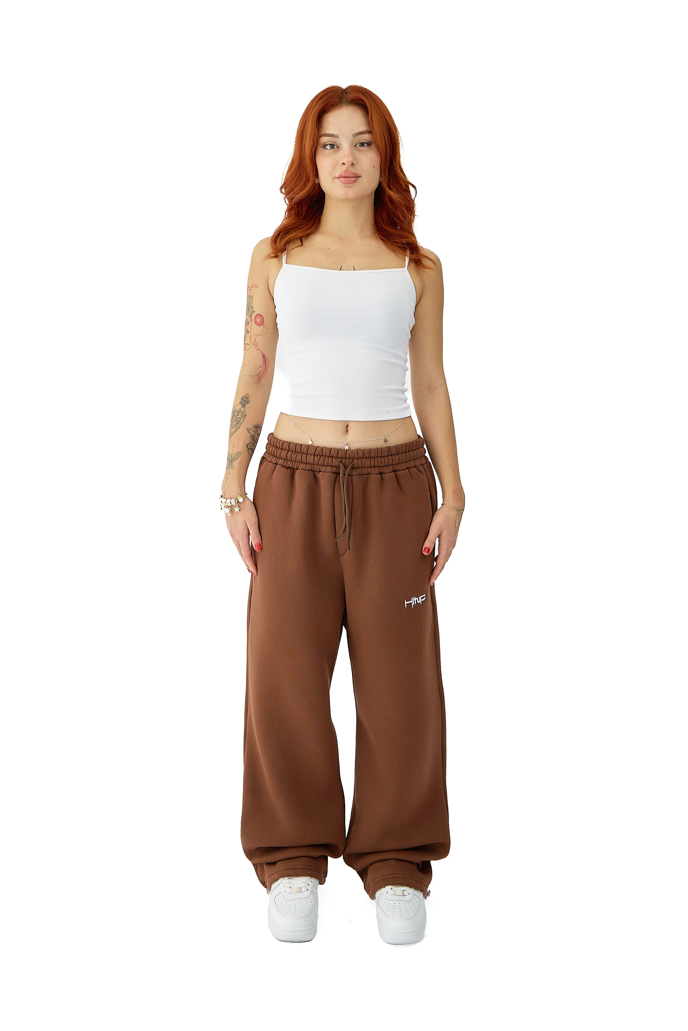 Kışlık Hitup Nakışlı Premium Ayarlanabilir Paça Oversize Eşofman Altı - KAHVERENGİ