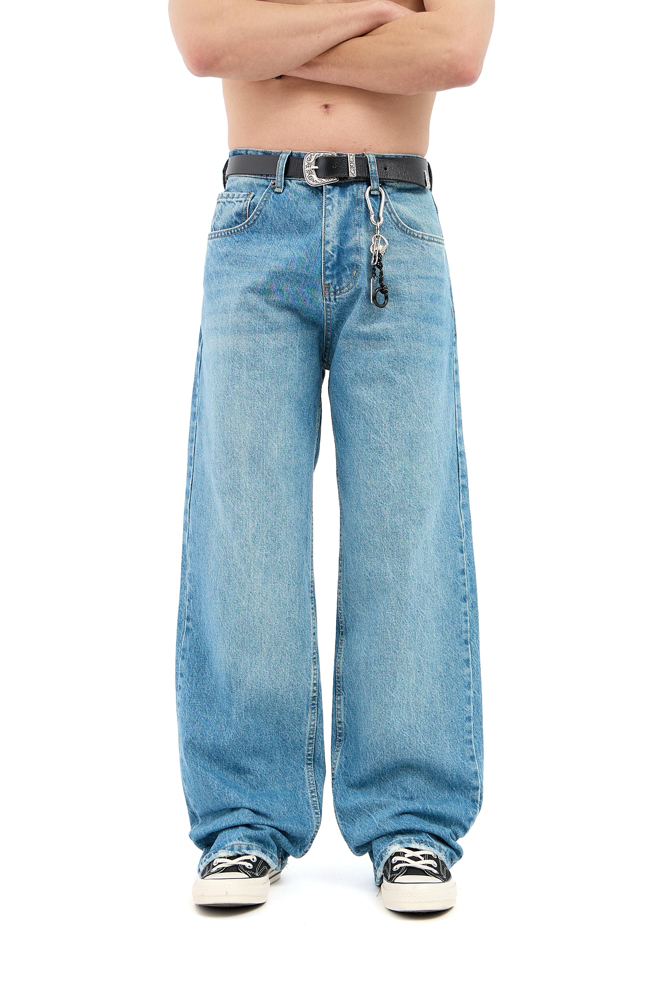Çizgili Yıkama Detay Mavi Baggy Jean 