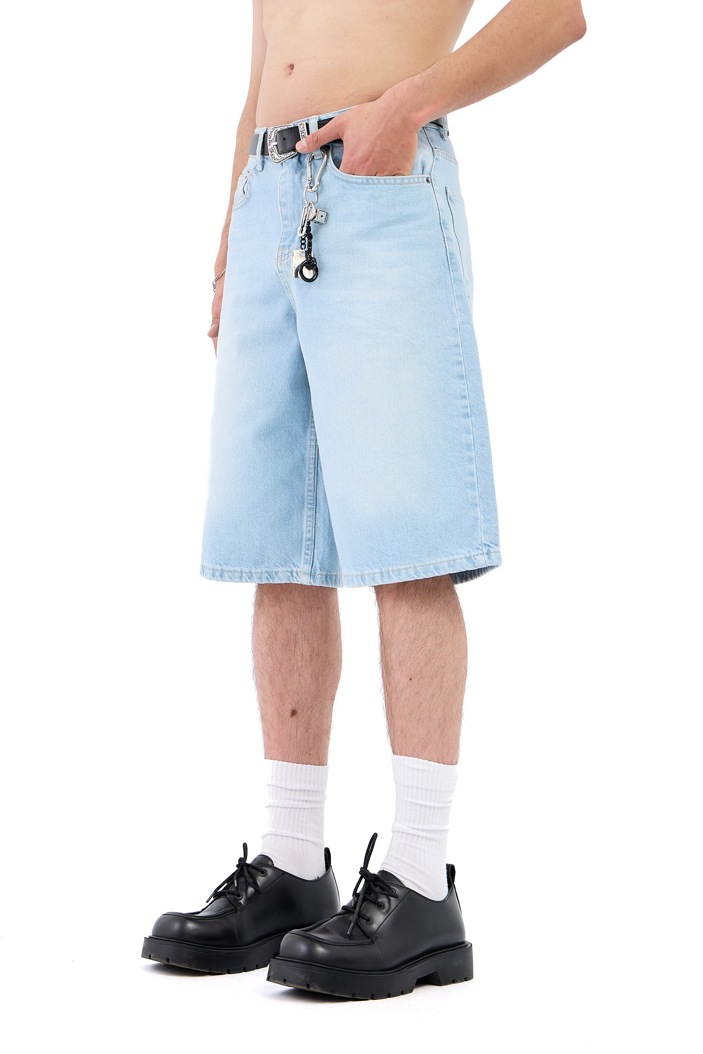 Çizgili Soldurma Efekt Baggy Jean Şhort - MAVİ