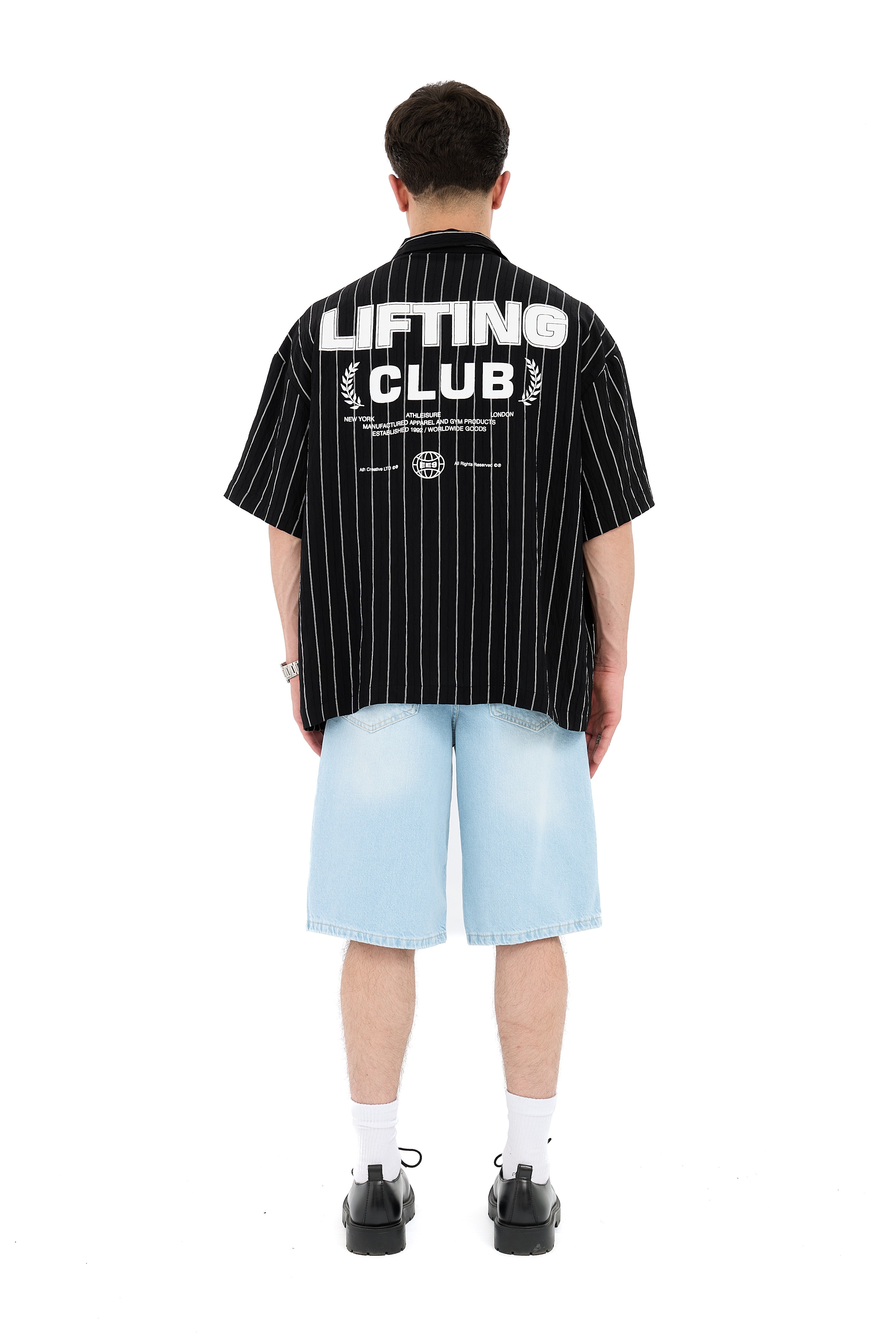 Lifting Club Baskı Detay Çizgili Kısa Kol Gömlek  - SİYAH