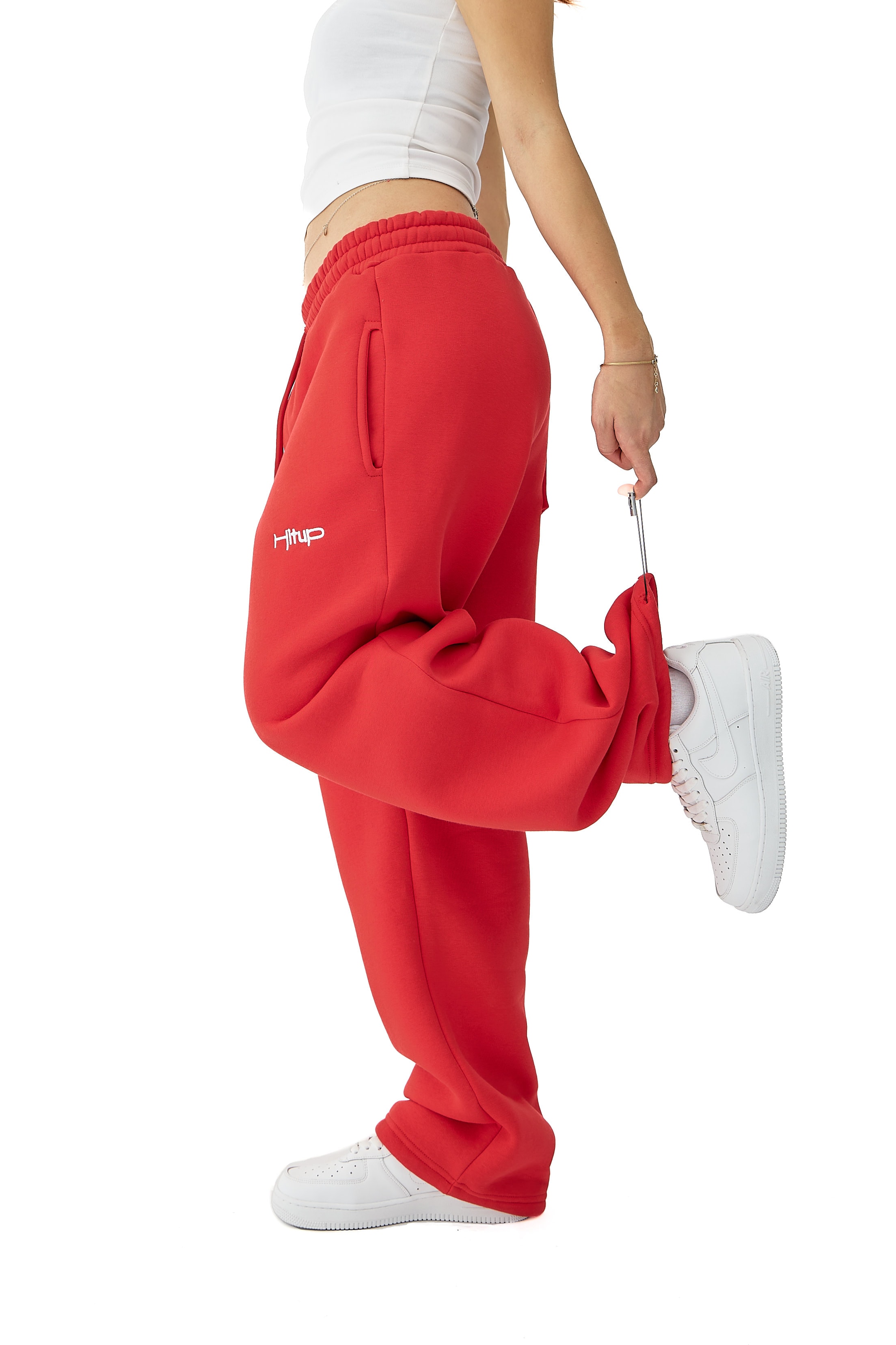 Kışlık Hitup Nakışlı Premium Ayarlanabilir Paça Oversize Eşofman Altı - KIRMIZI