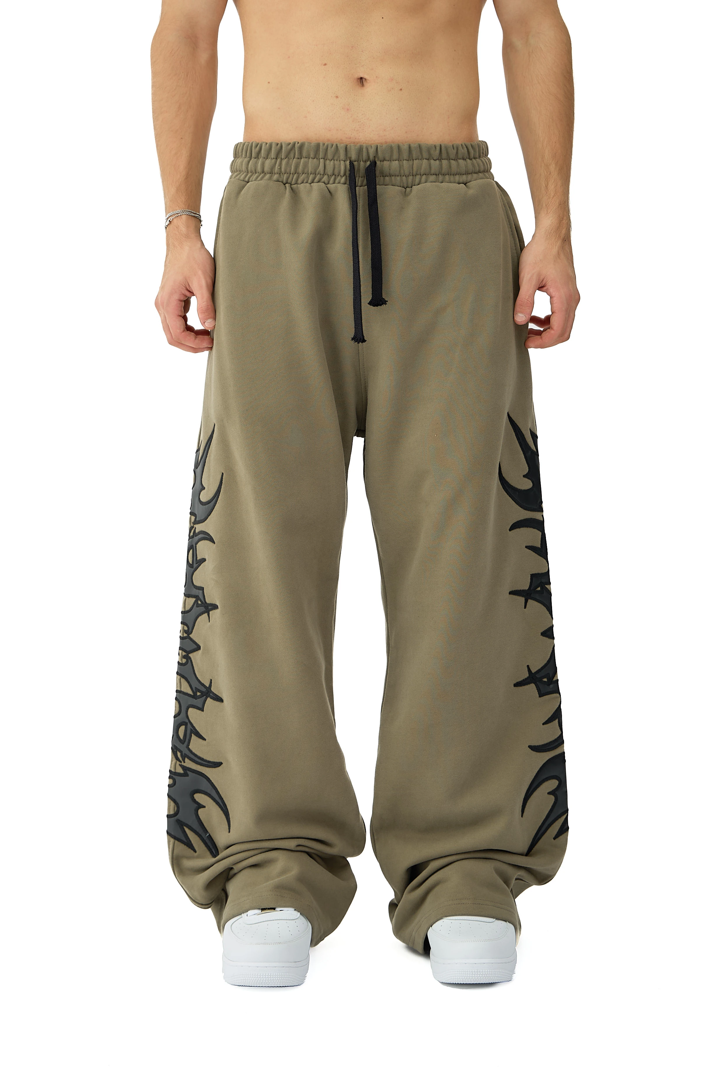 Tribal Deri & Nakış Detaylı Double Belt Premium Sweatpant - YEŞİL