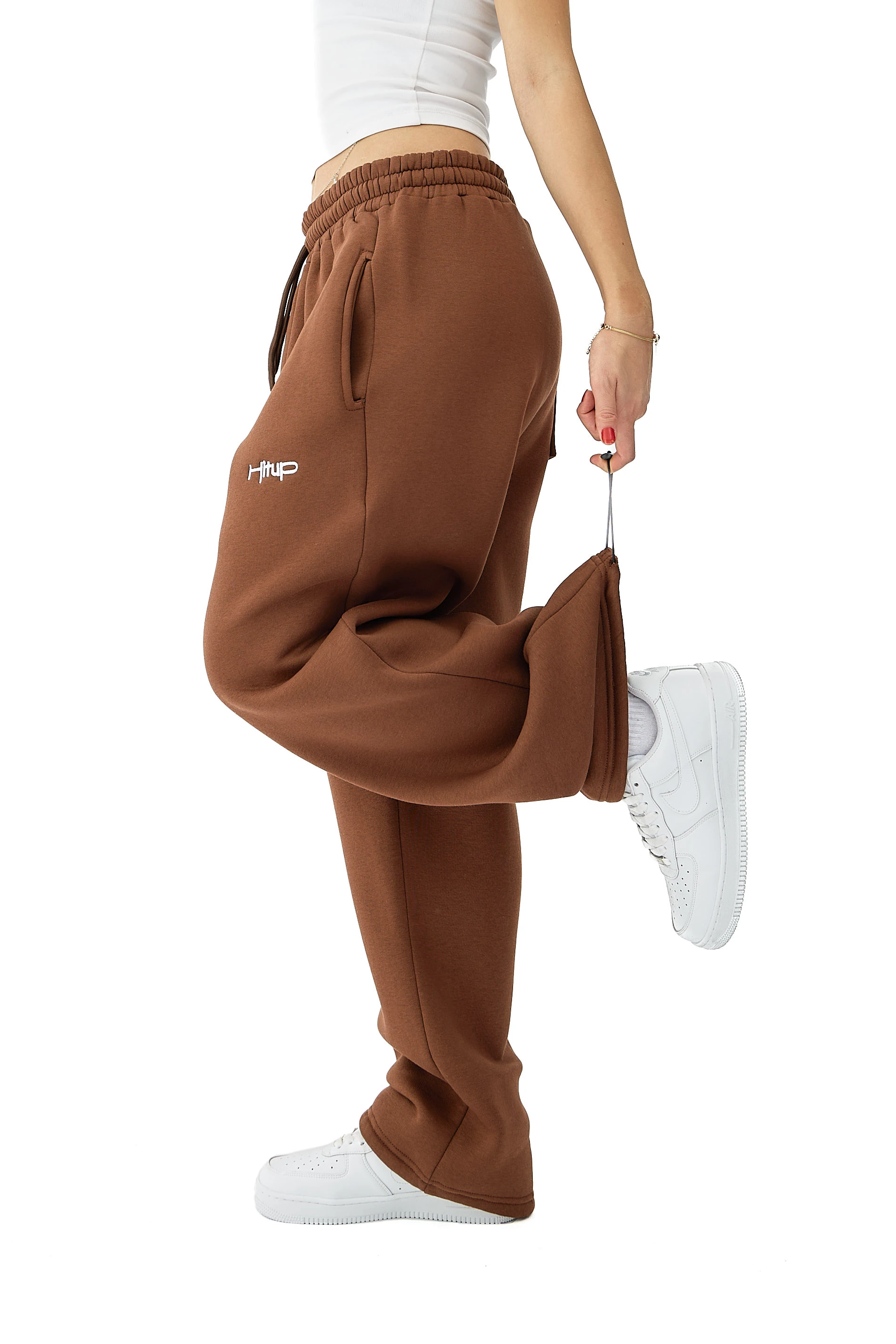 Kışlık Hitup Nakışlı Premium Ayarlanabilir Paça Oversize Eşofman Altı - KAHVERENGİ