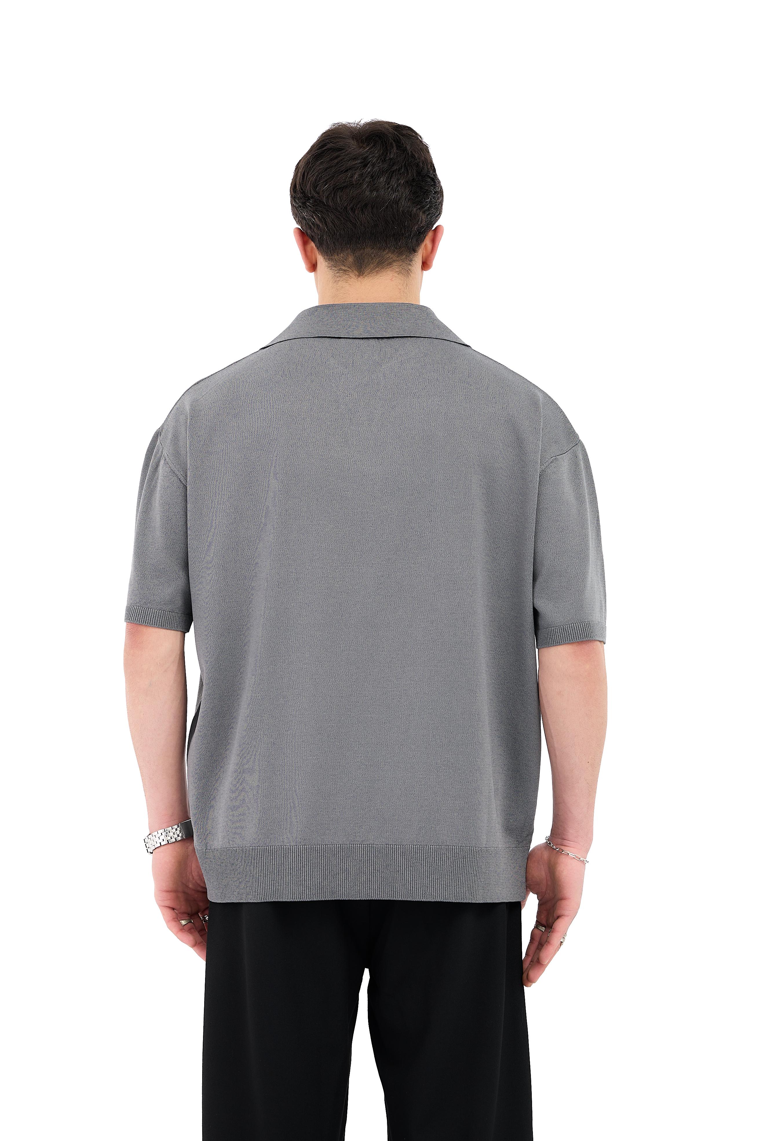 Crep Kumaş Polo Yaka Oversize Triko Tişört - ANTRASİT