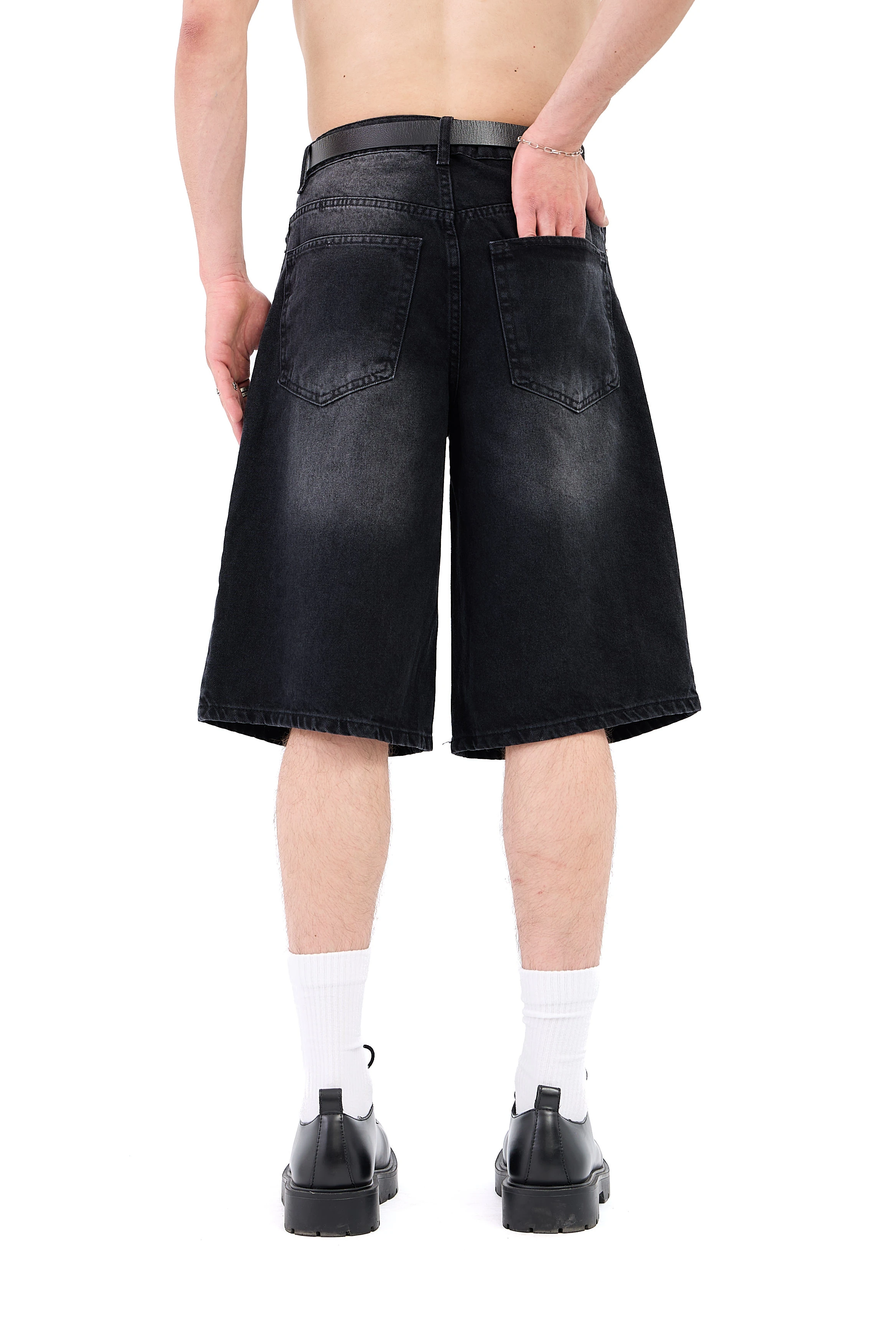 Çizgili Soldurma Efekt Baggy Jean Şhort