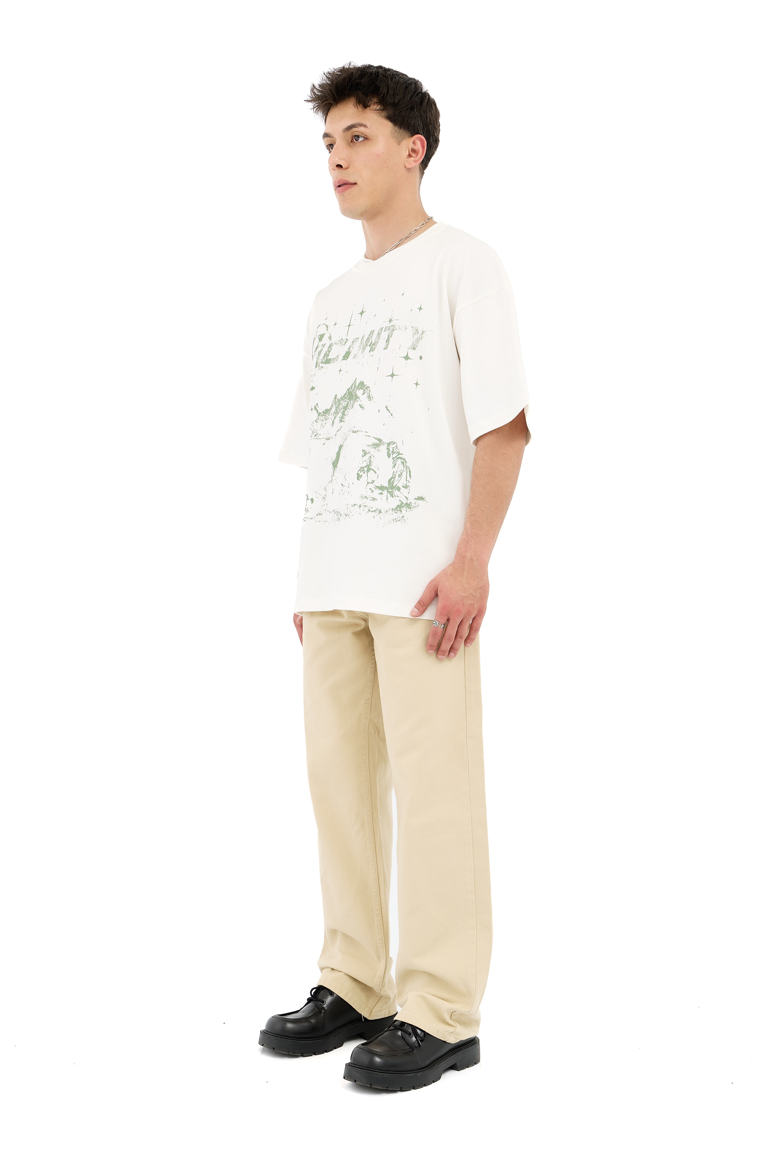 Hidden Hill Baskılı Oversize Krem Tişört 