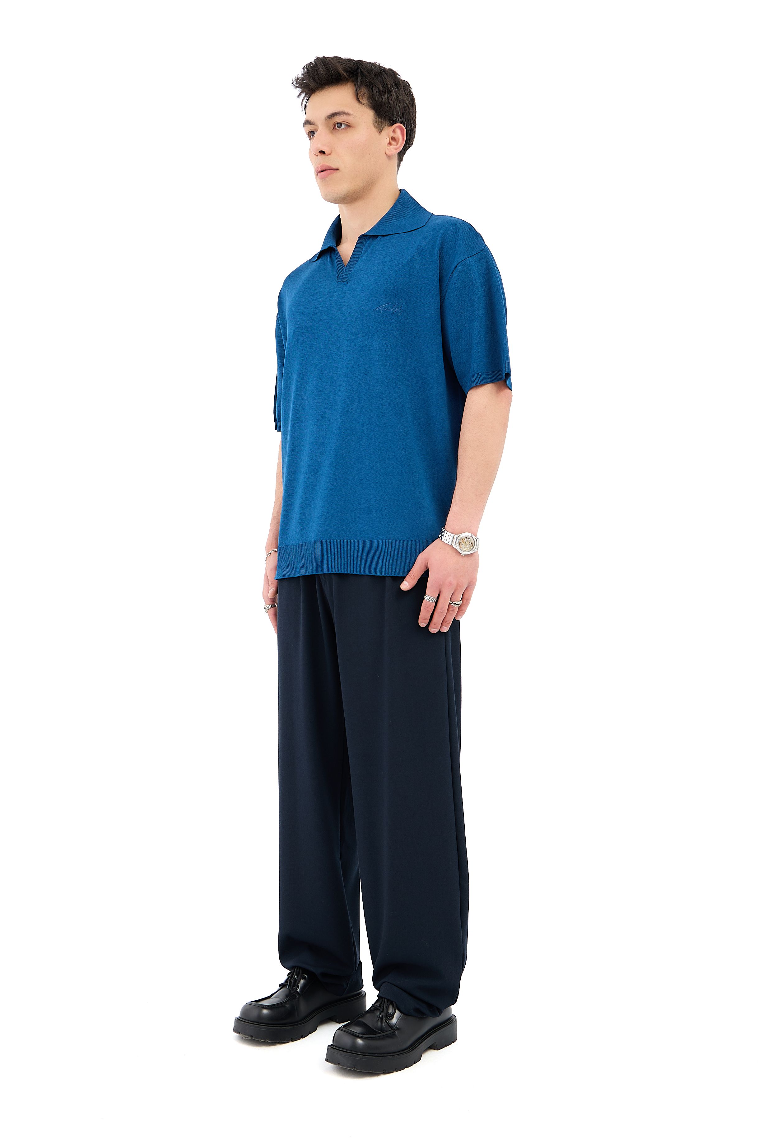 Crep Kumaş Polo Yaka Oversize Triko Tişört - PETROL MAVİSİ