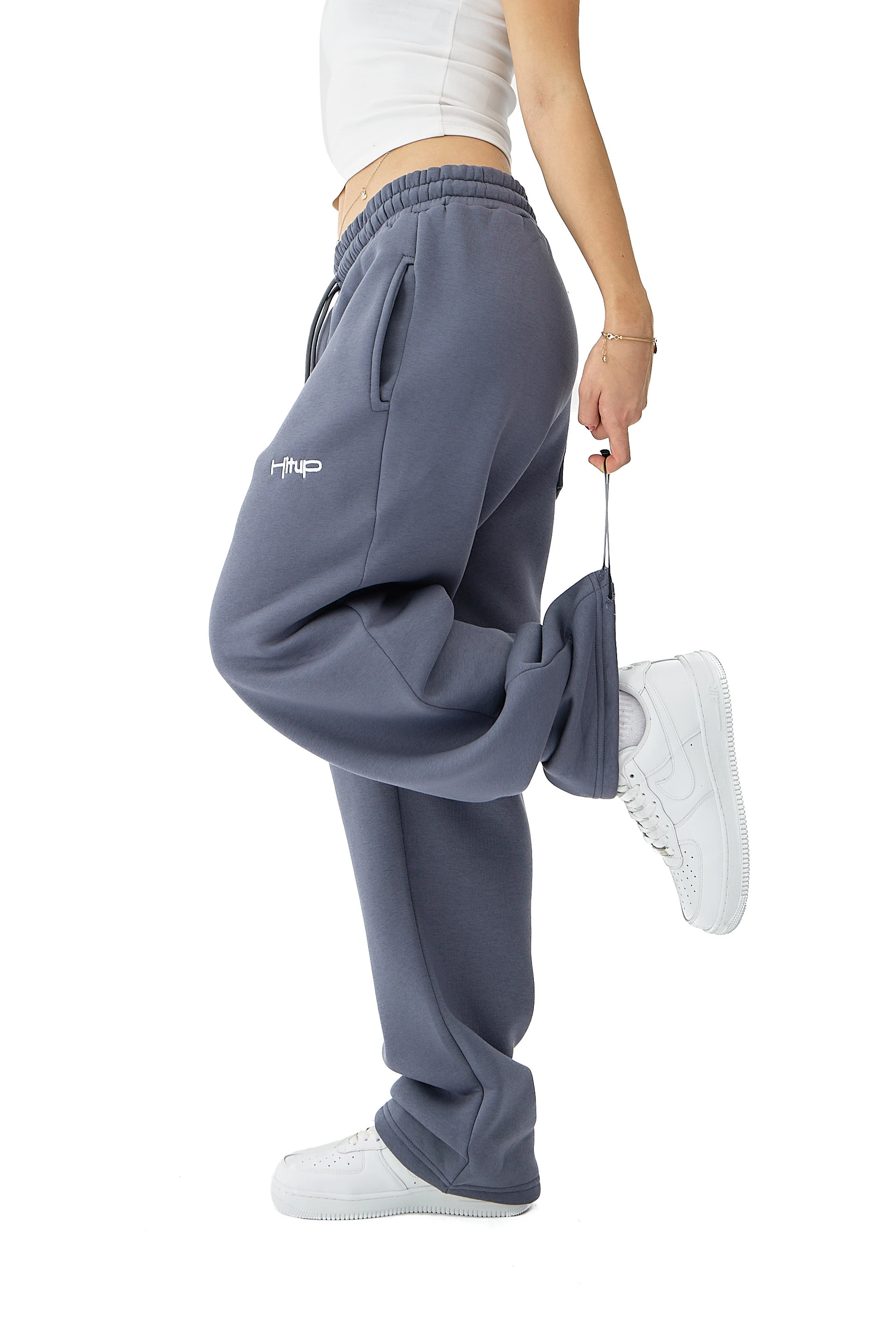 Kışlık Hitup Nakışlı Premium Ayarlanabilir Paça Oversize Eşofman Altı - FÜME