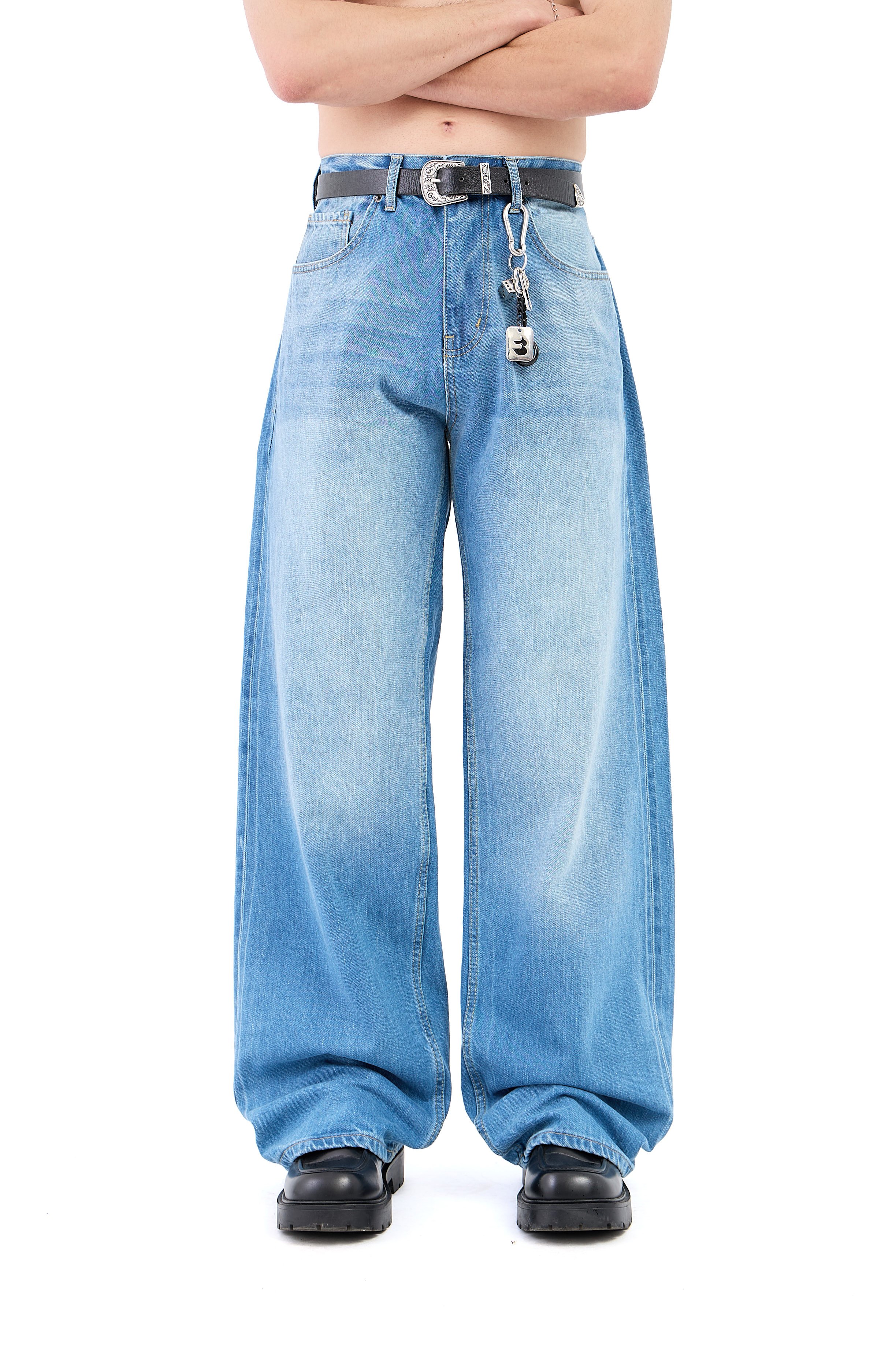 Çizgili Soldurma Detay Mavi Baggy Jean 