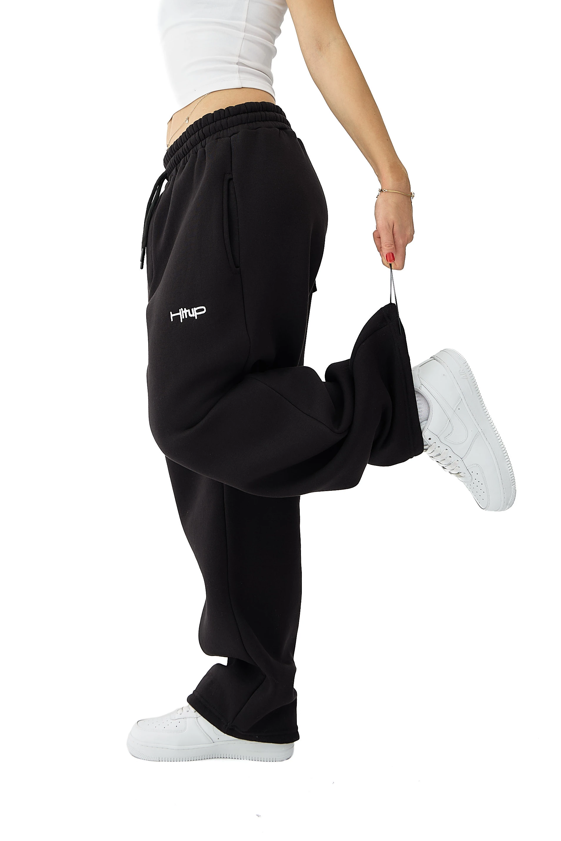 Kışlık Hitup Nakışlı Premium Ayarlanabilir Paça Oversize Eşofman Altı - SİYAH