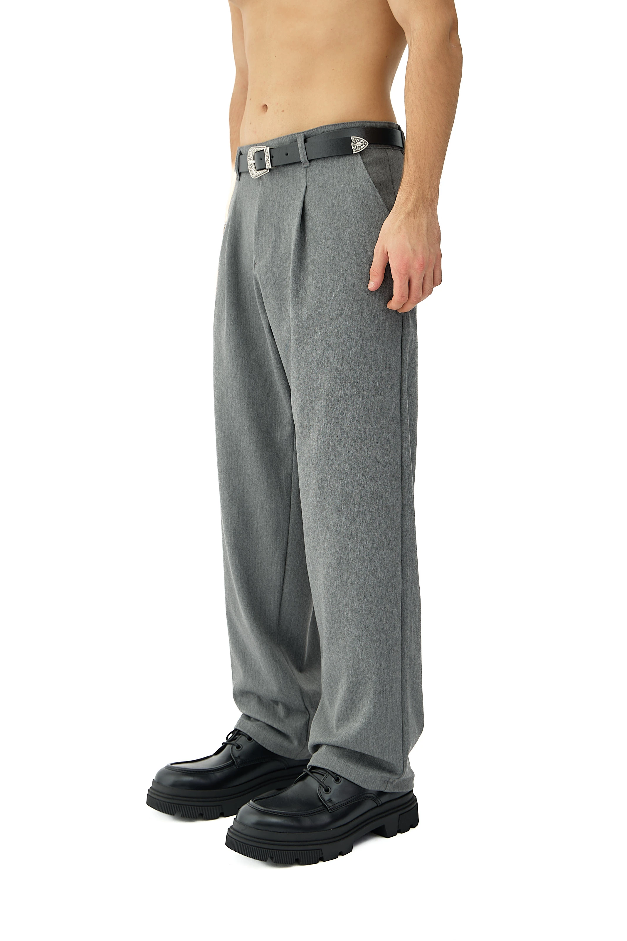 Kalın Tuşeli Pile Detaylı Baggy Fit Kumaş Pantolon  - GRİ