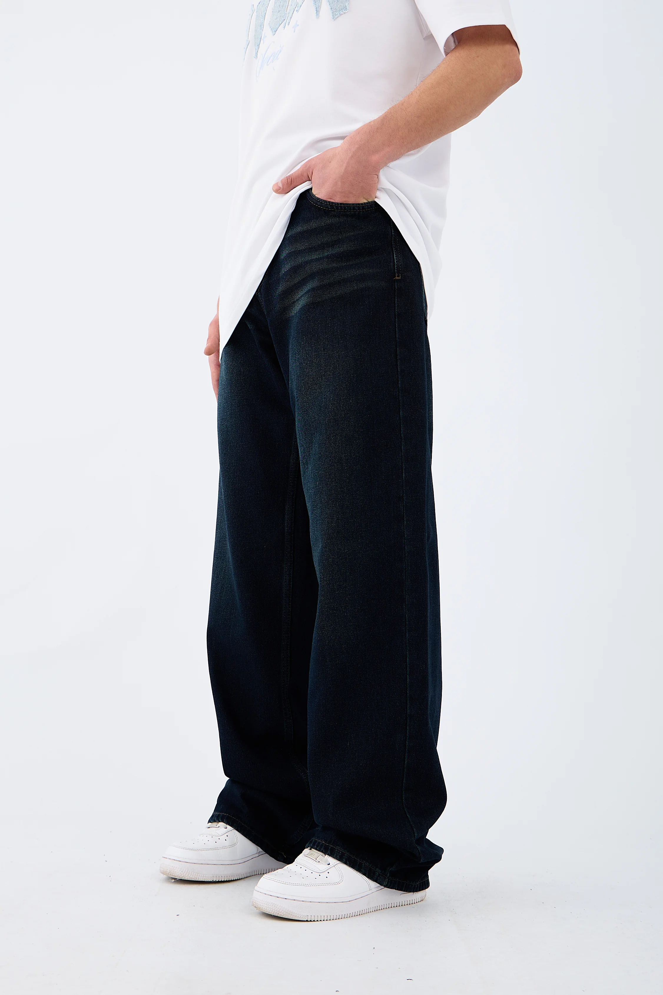 Çizgili Midnight Blue Baggy Jean