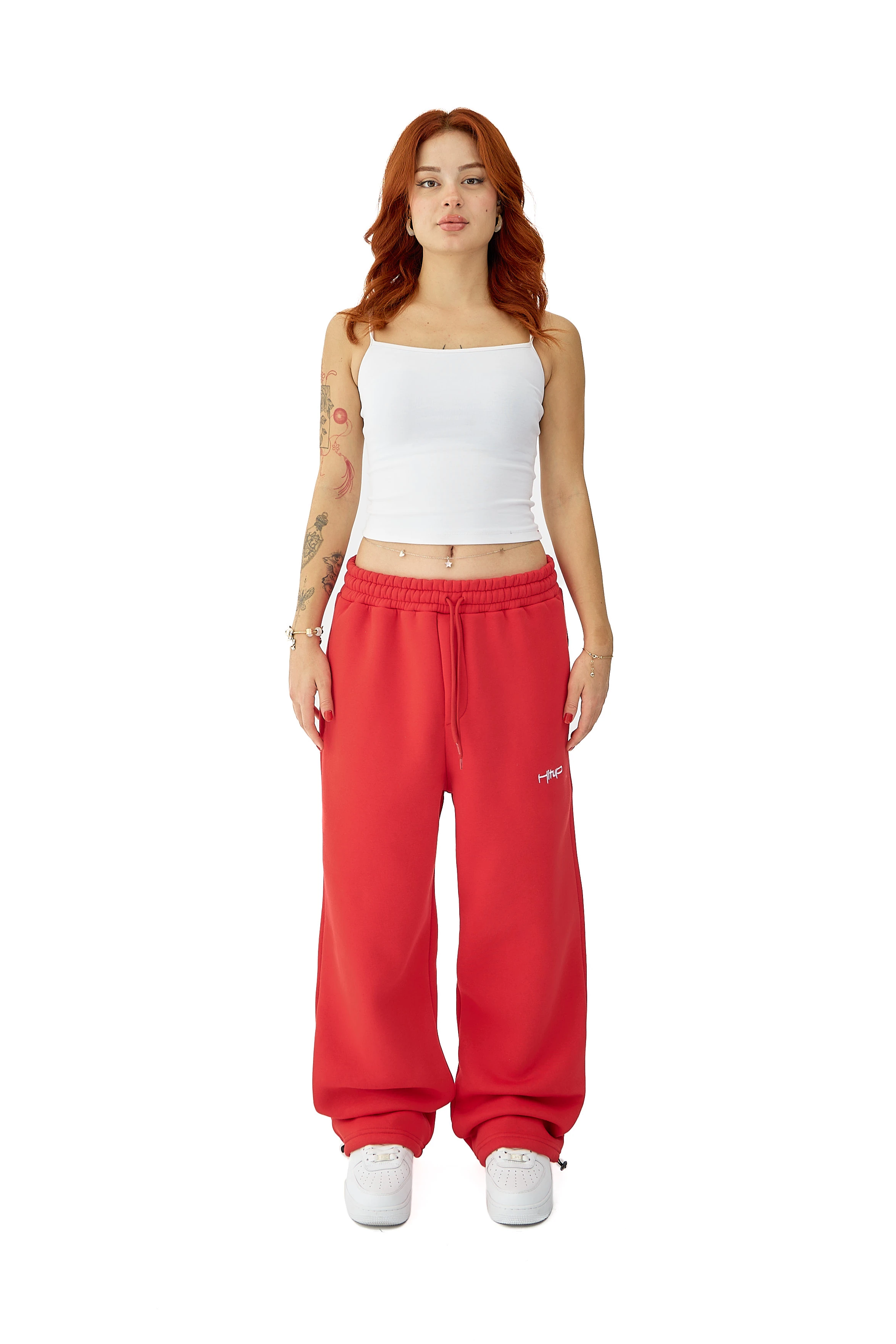 Kışlık Hitup Nakışlı Premium Ayarlanabilir Paça Oversize Eşofman Altı - KIRMIZI