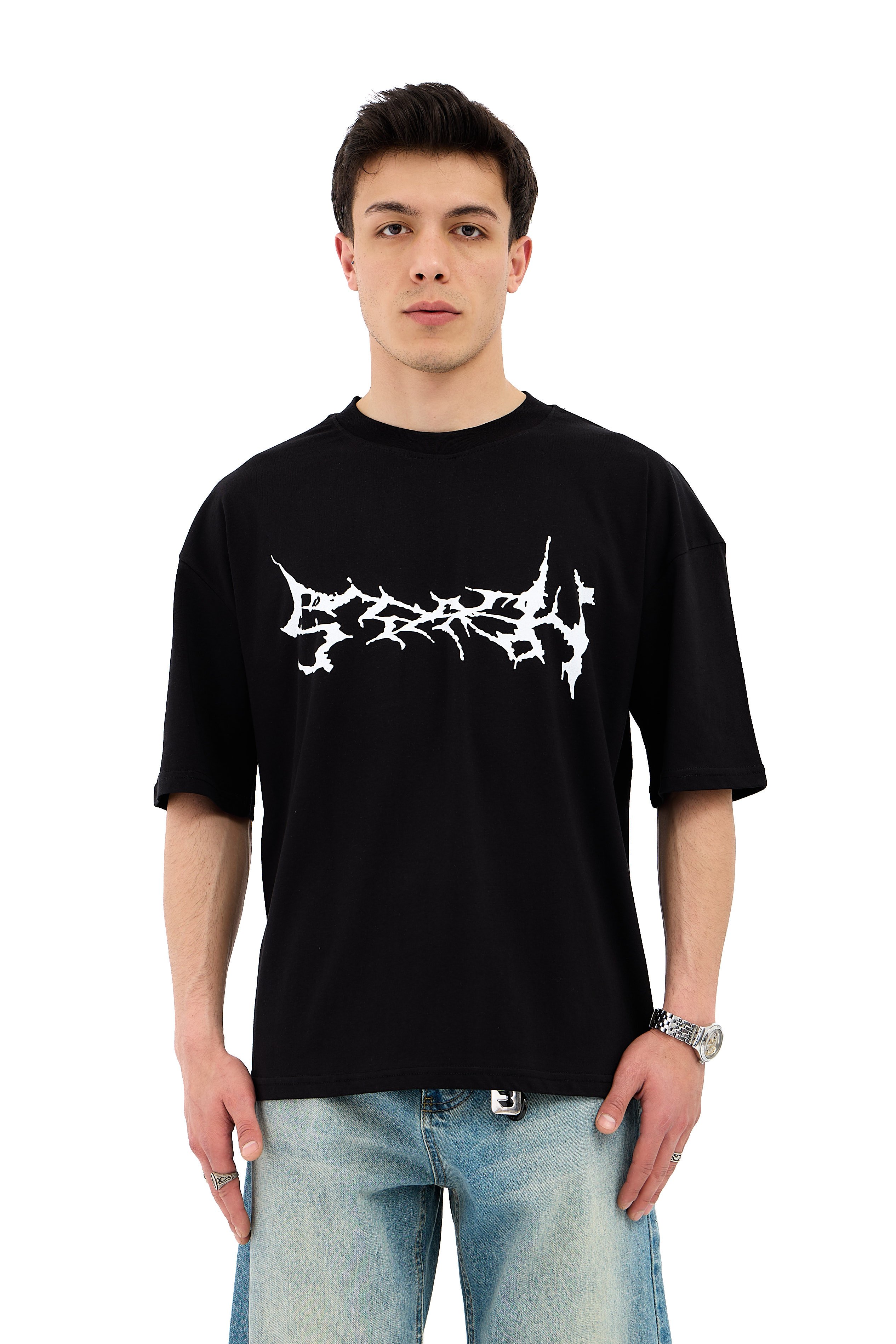 Ghost Baskı Detay Oversize Tişört - SİYAH