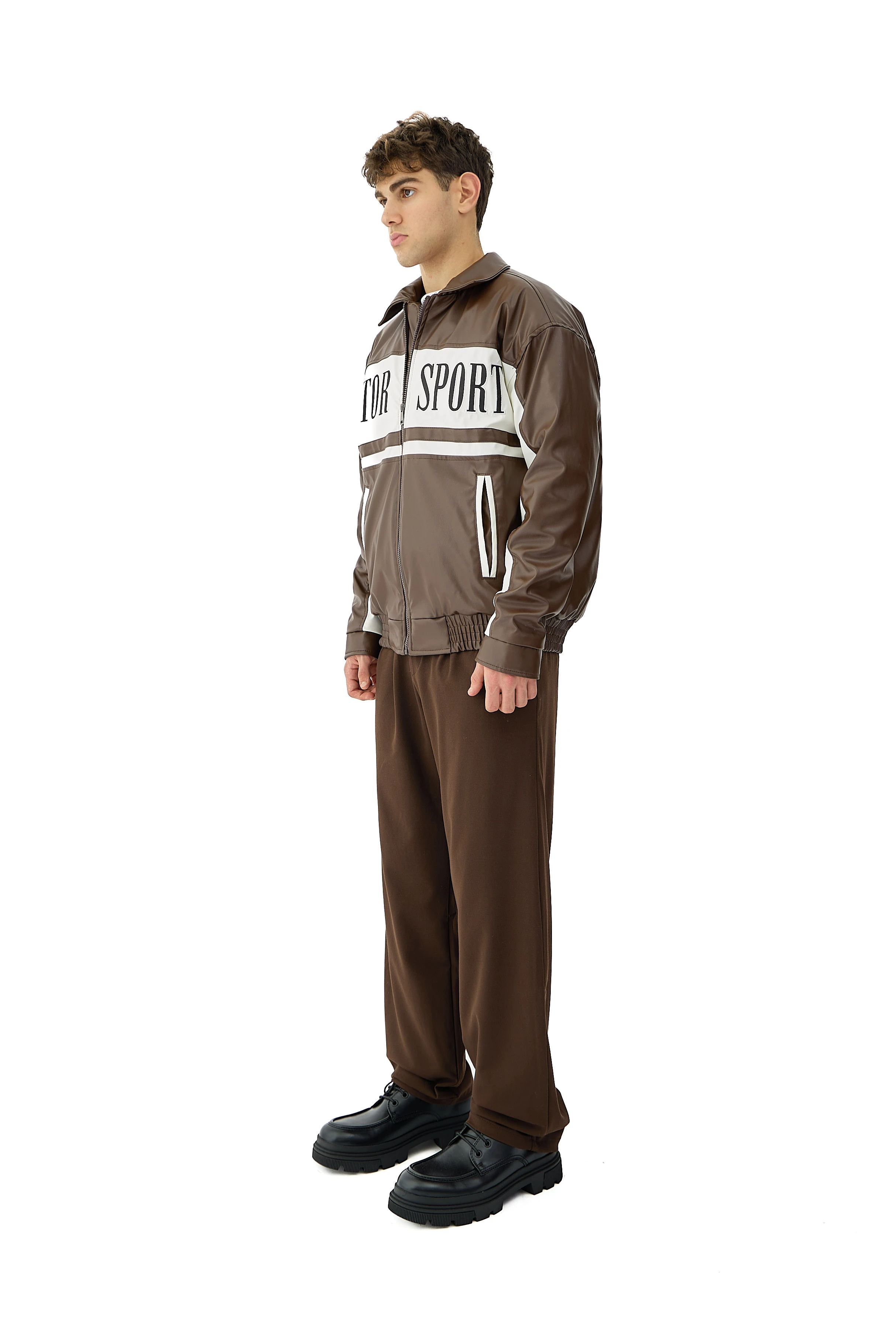 Motor Spor Nakış Detaylı Bomber Deri Ceket  - KAHVERENGİ