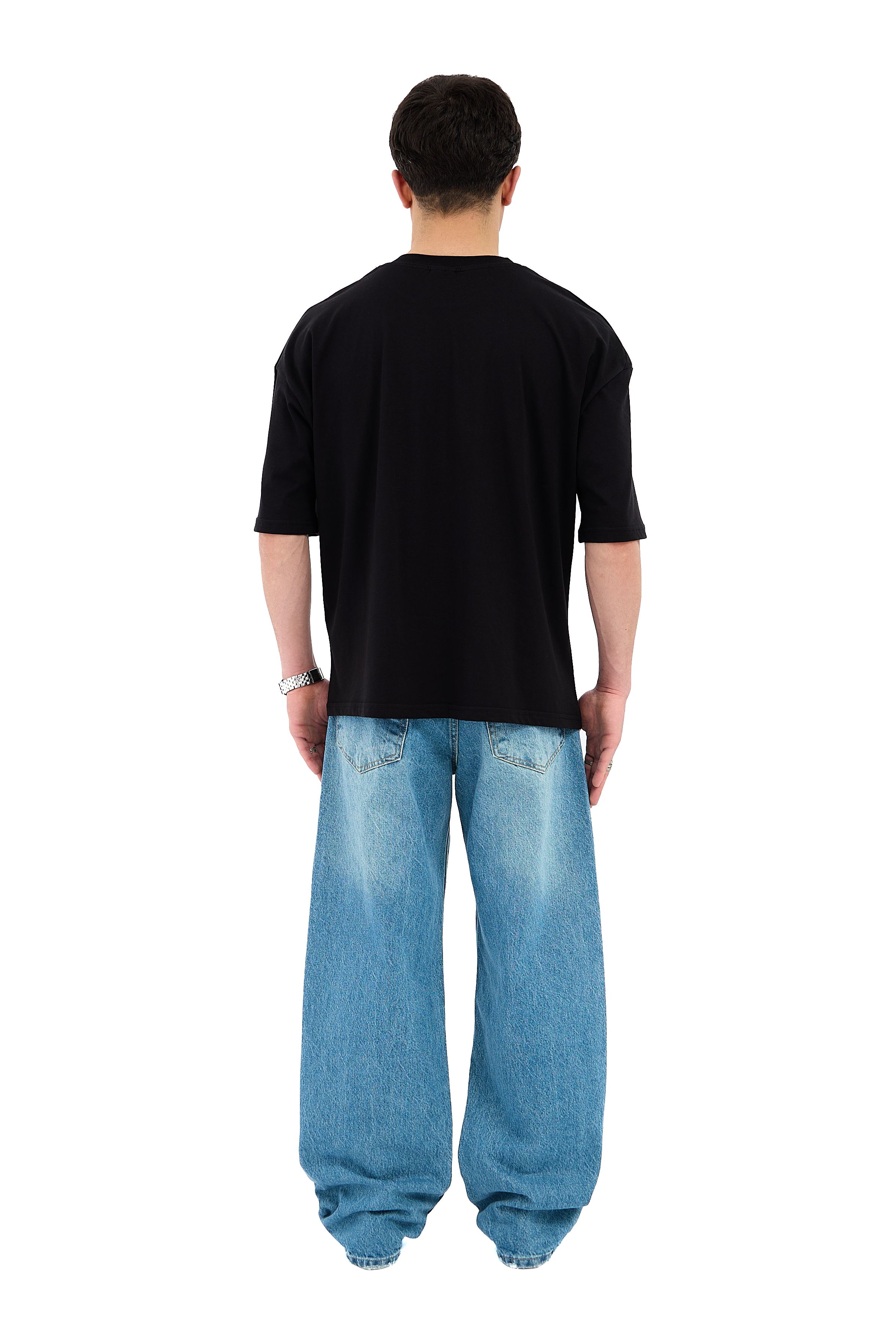 Çizgili Yıkama Detay Mavi Baggy Jean 