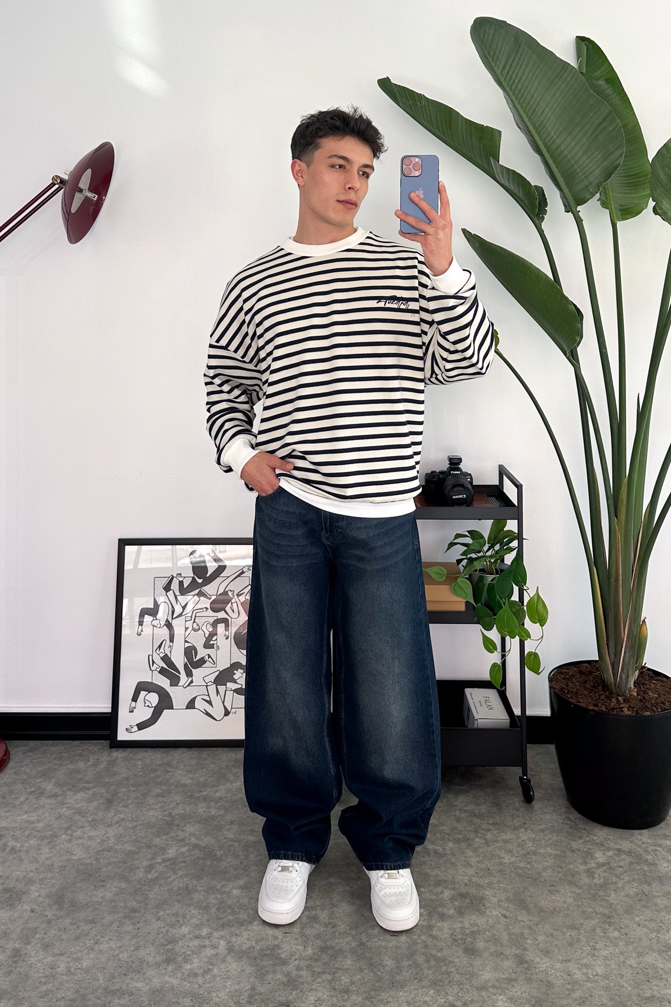 Çizgili Lacivert Baggy Jean