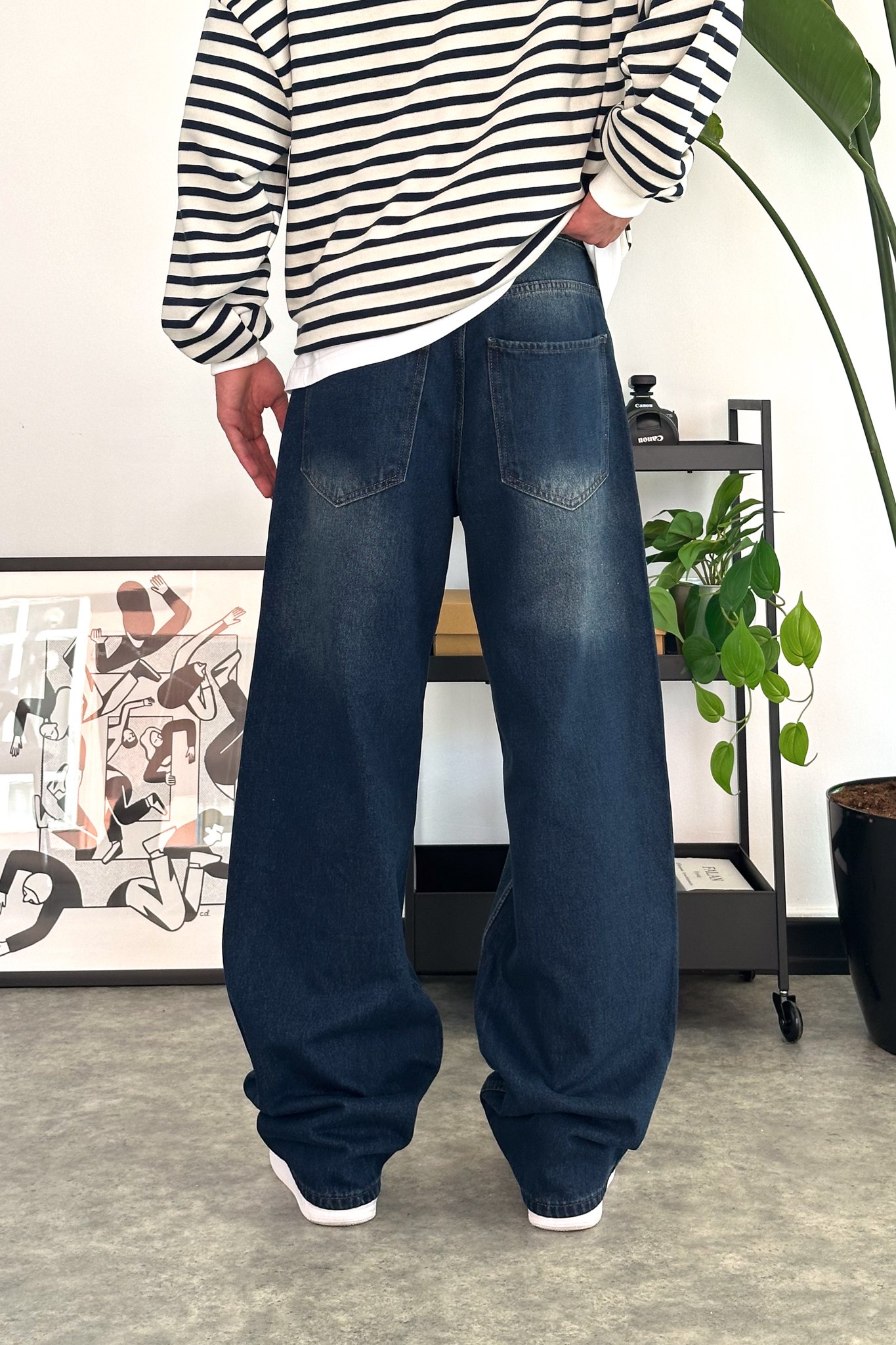 Çizgili Lacivert Baggy Jean