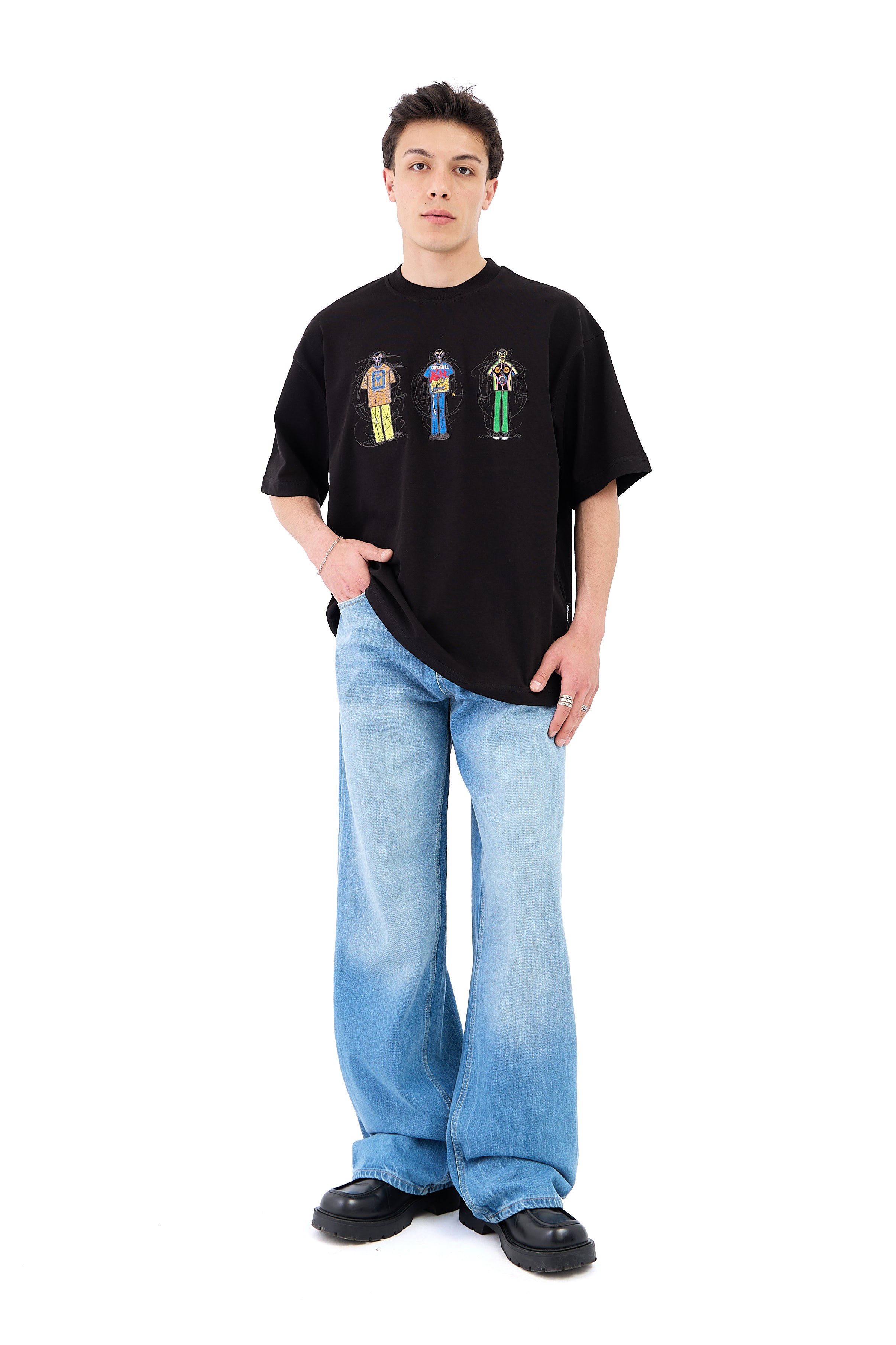 Çizgili Soldurma Detay Mavi Baggy Jean 