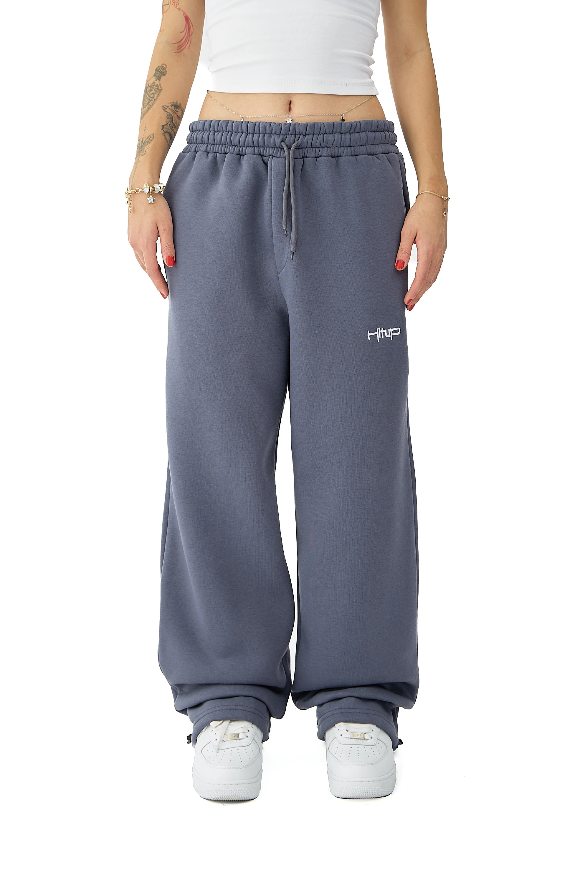 Kışlık Hitup Nakışlı Premium Ayarlanabilir Paça Oversize Eşofman Altı - FÜME