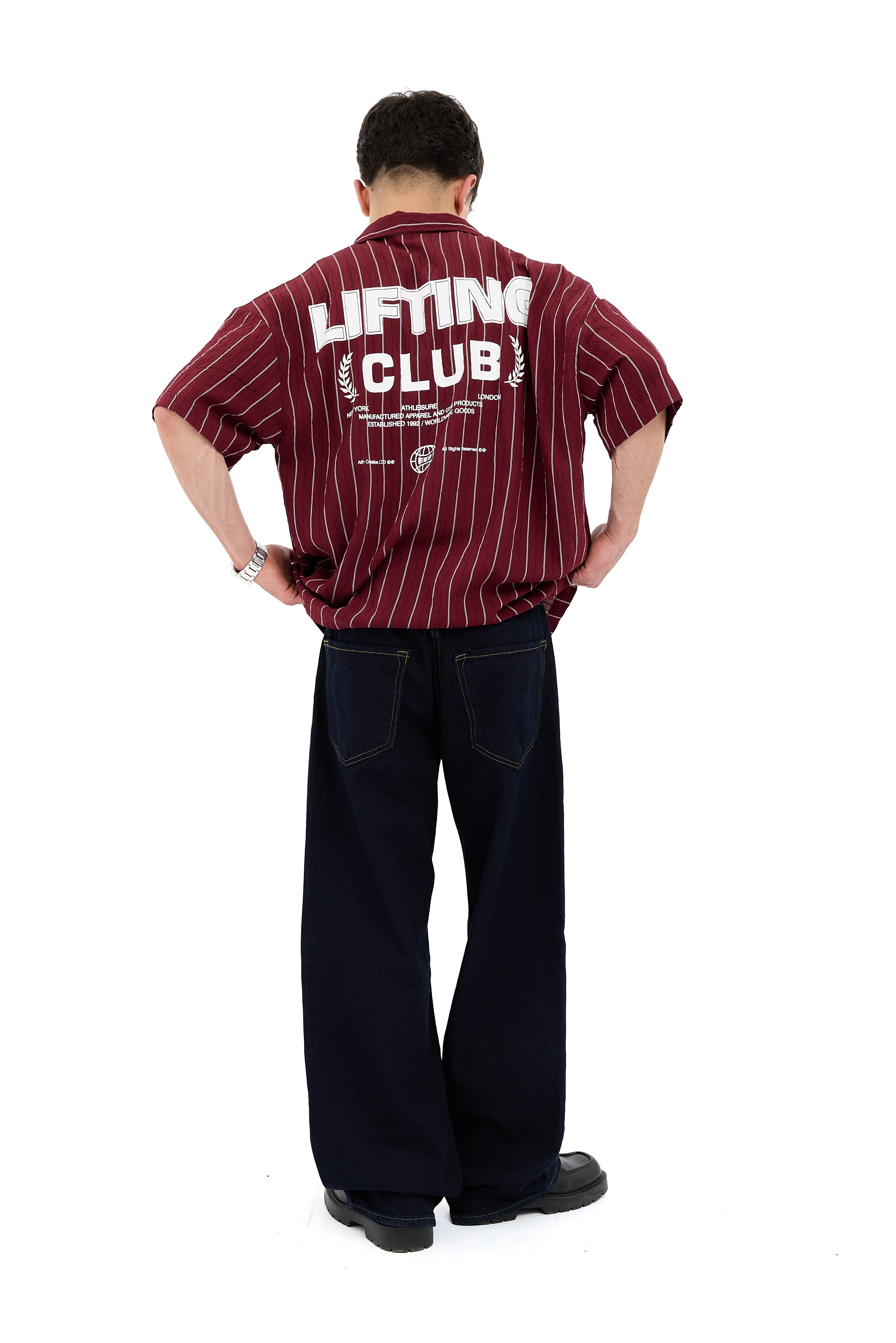 Lifting Club Baskı Detay Çizgili Kısa Kol Gömlek  - BORDO