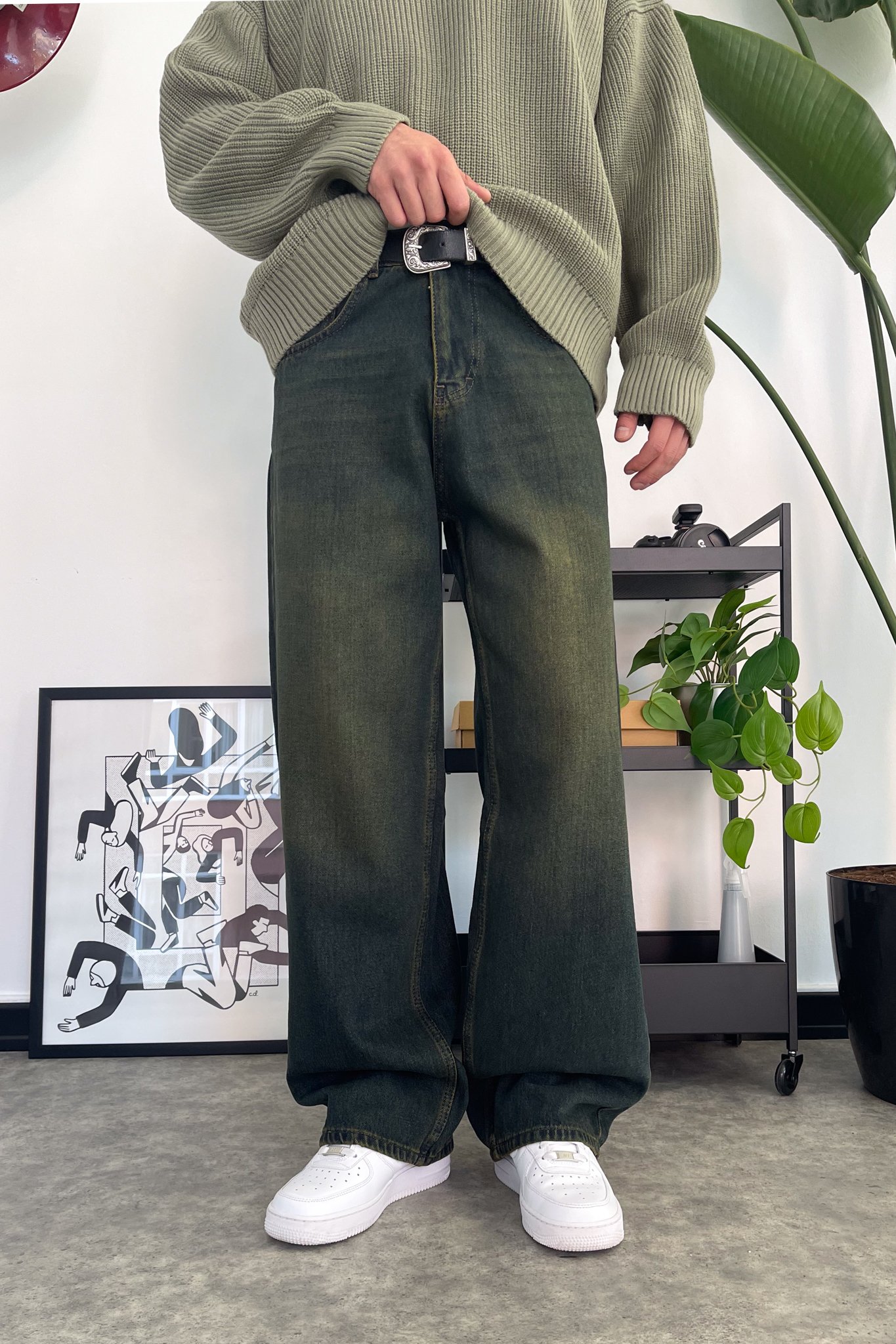 Çizgili Washed Yeşil Baggy Jean