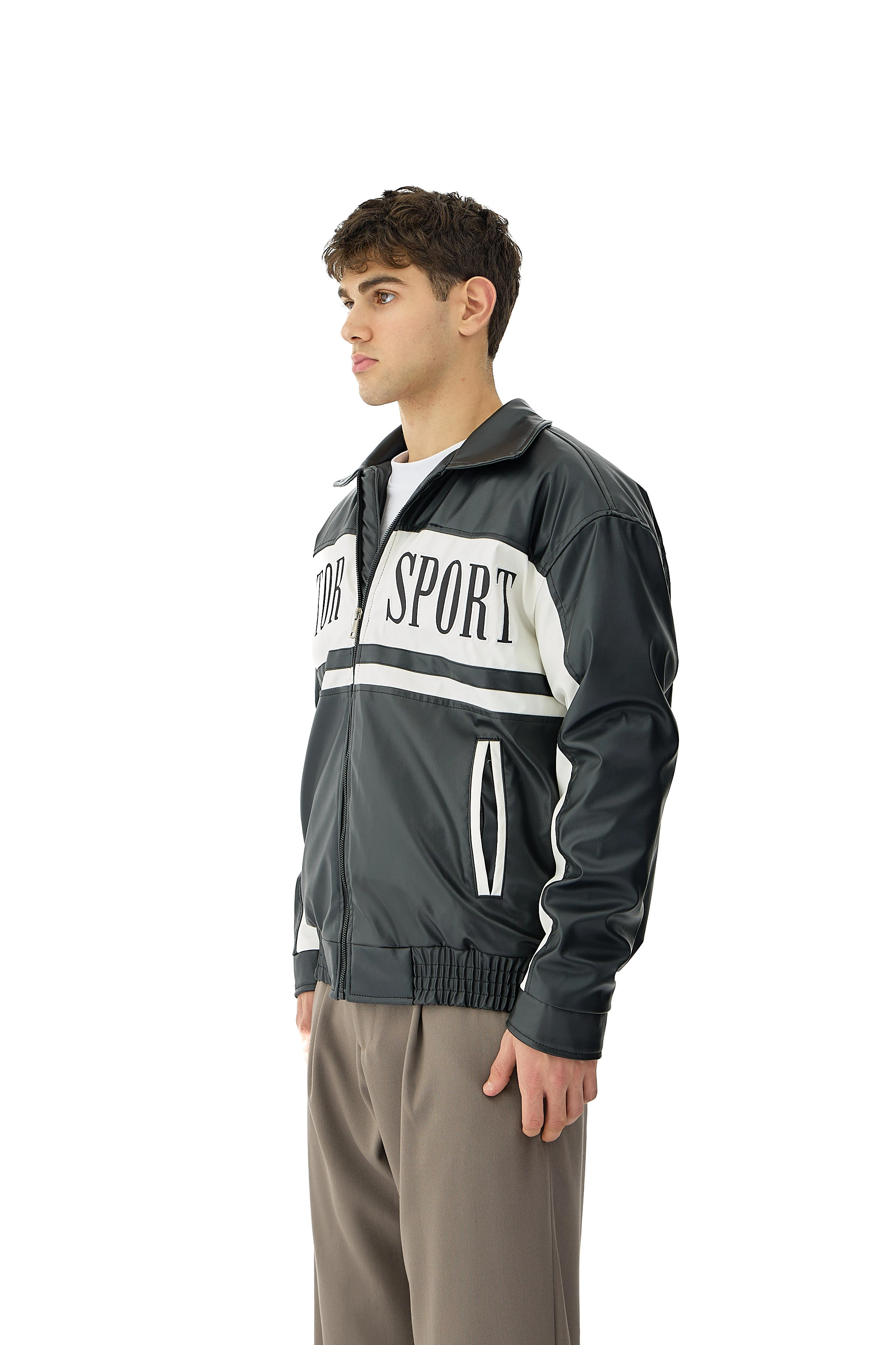 Motor Spor Nakış Detaylı Bomber Deri Ceket 