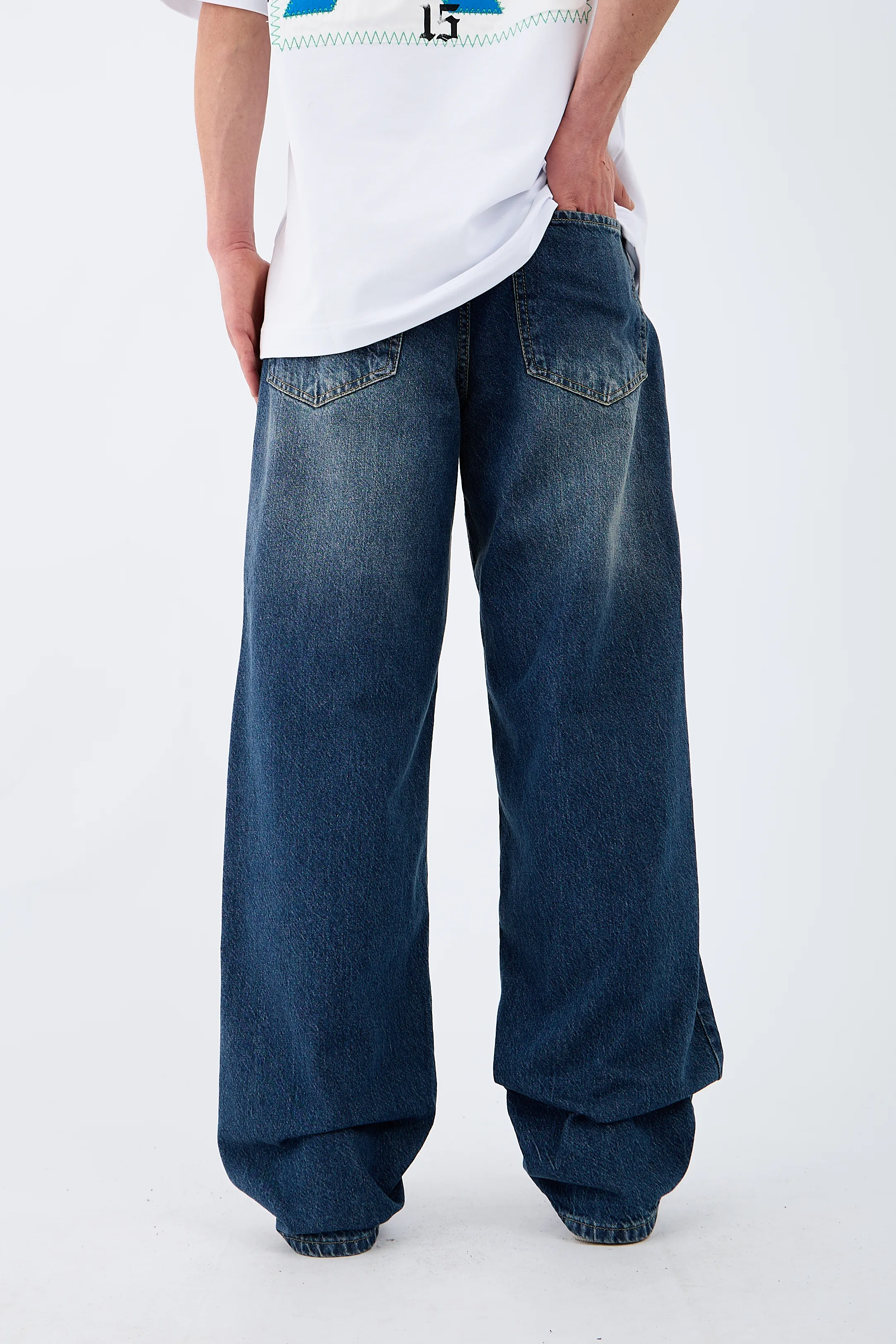 Çizgili Basic Mavi Baggy Jean