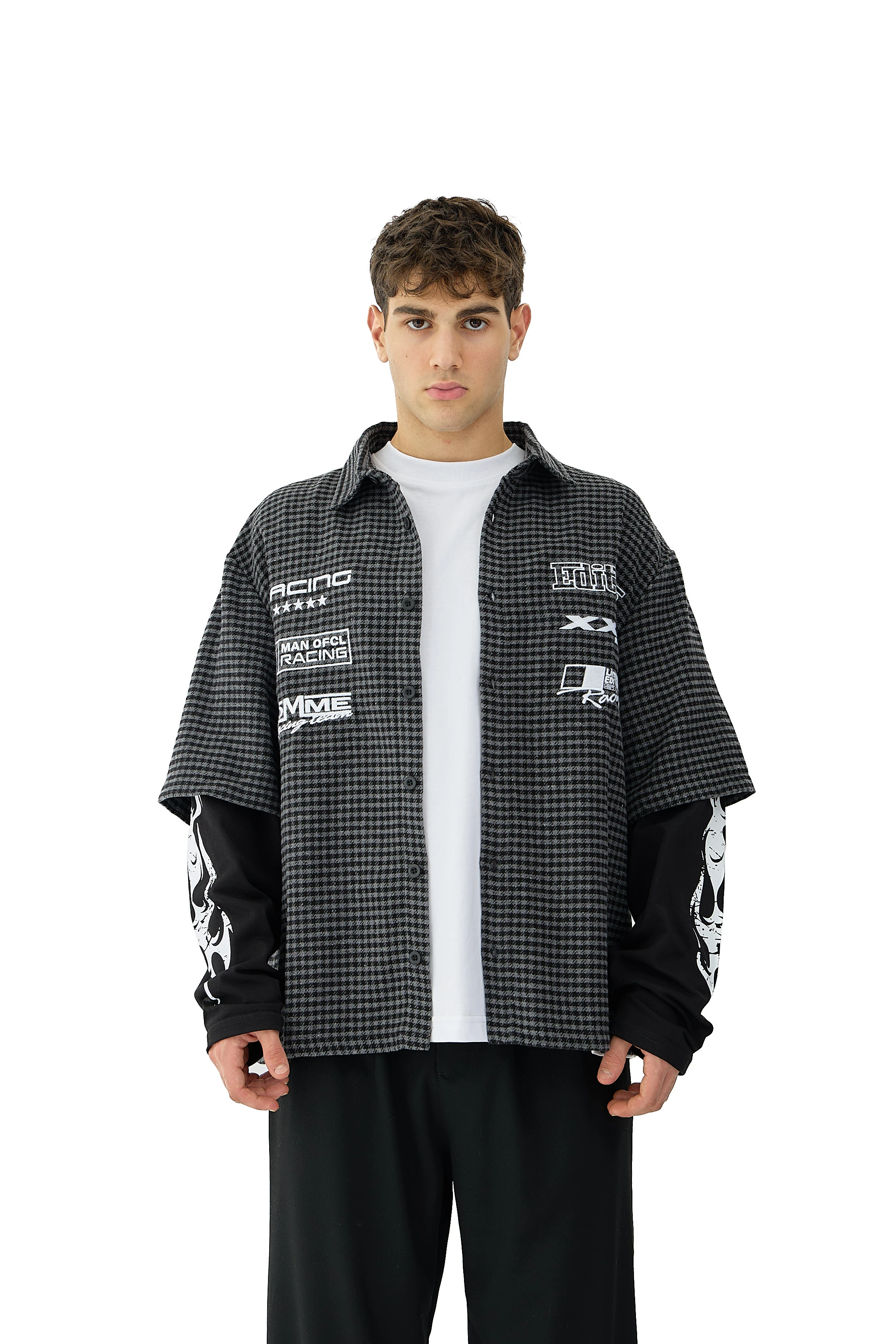 Race Nakış & Tribal Baskı Detaylı Ekoseli Longsleeve Gömlek