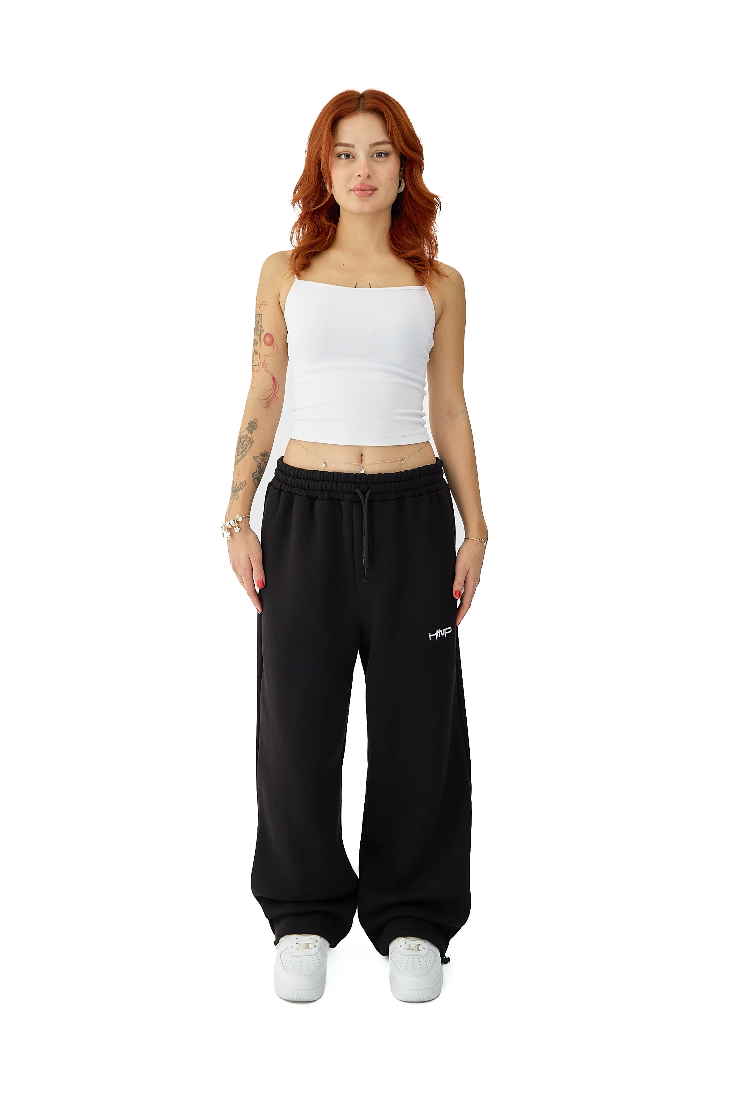 Kışlık Hitup Nakışlı Premium Ayarlanabilir Paça Oversize Eşofman Altı - SİYAH