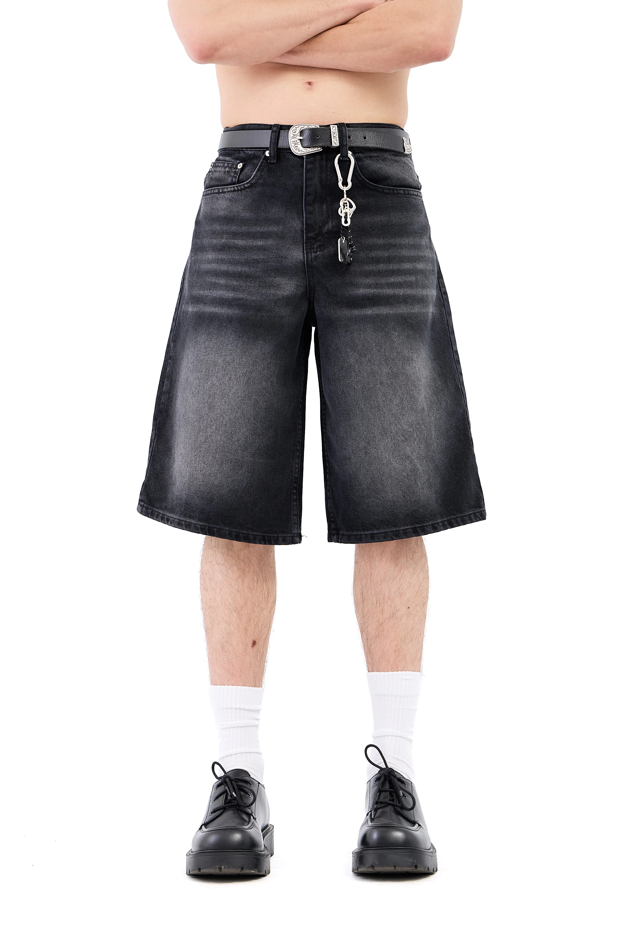 Çizgili Soldurma Efekt Baggy Jean Şhort