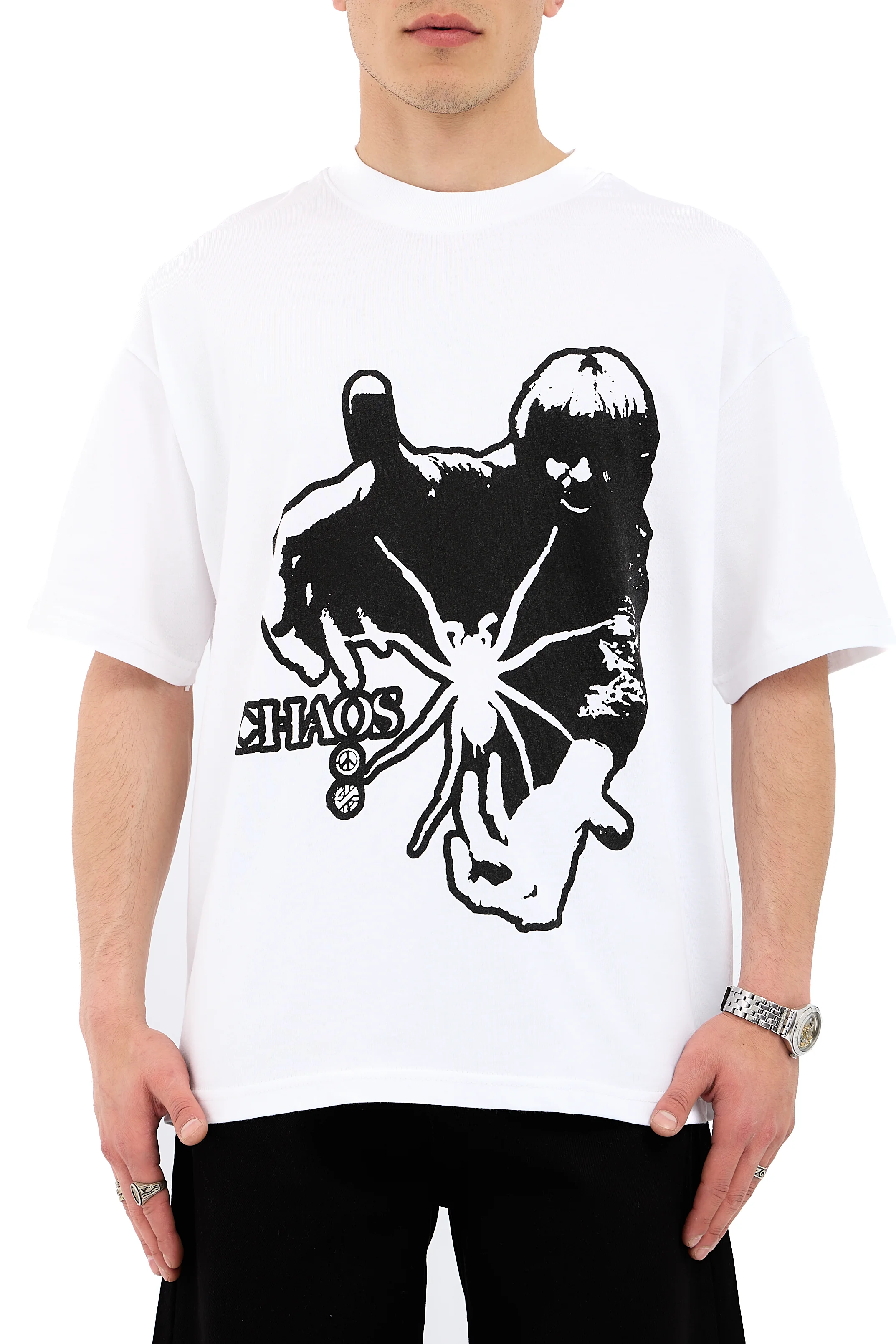 Chaos Baskı Detay Overisize Tişört - BEYAZ