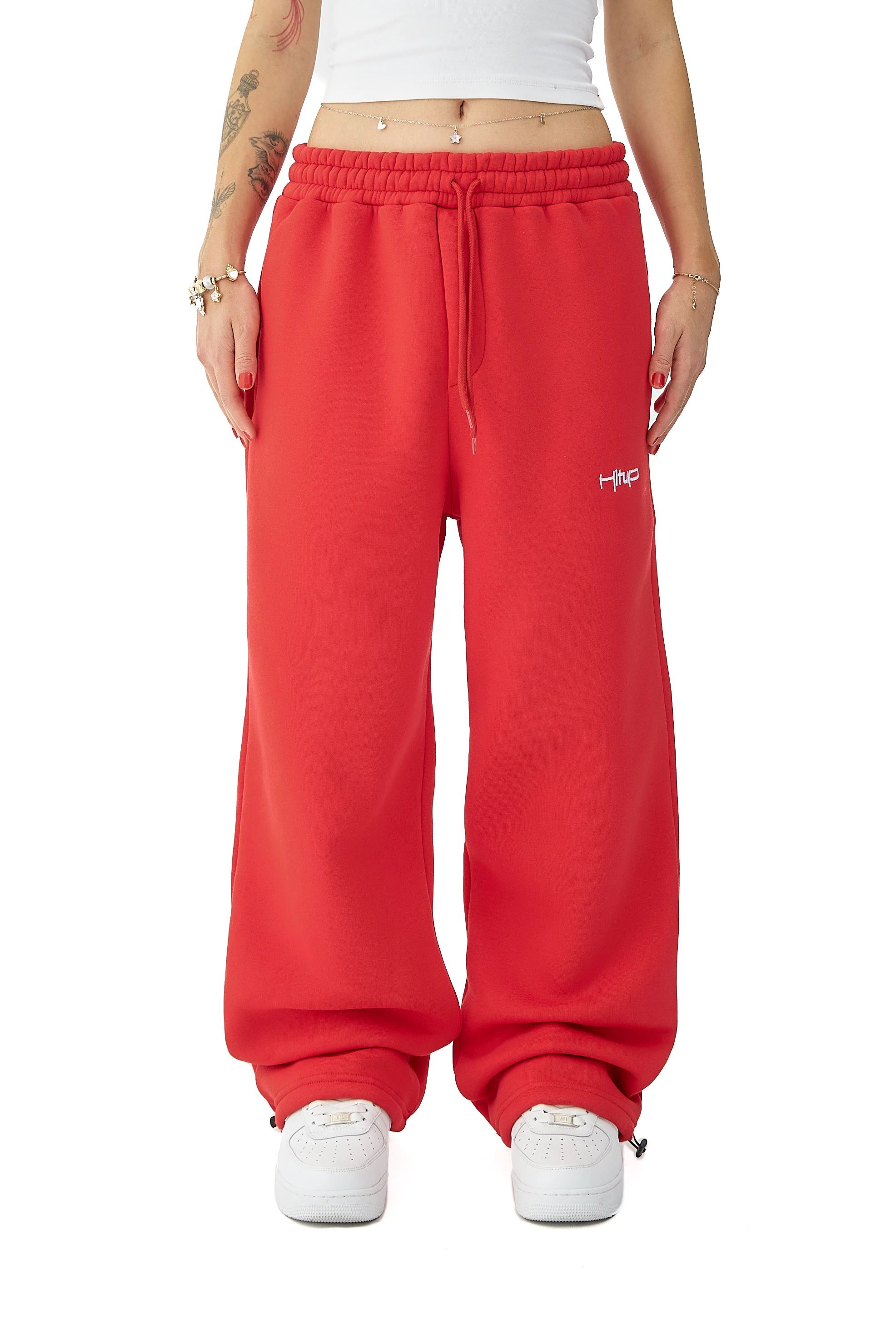 Kışlık Hitup Nakışlı Premium Ayarlanabilir Paça Oversize Eşofman Altı - KIRMIZI