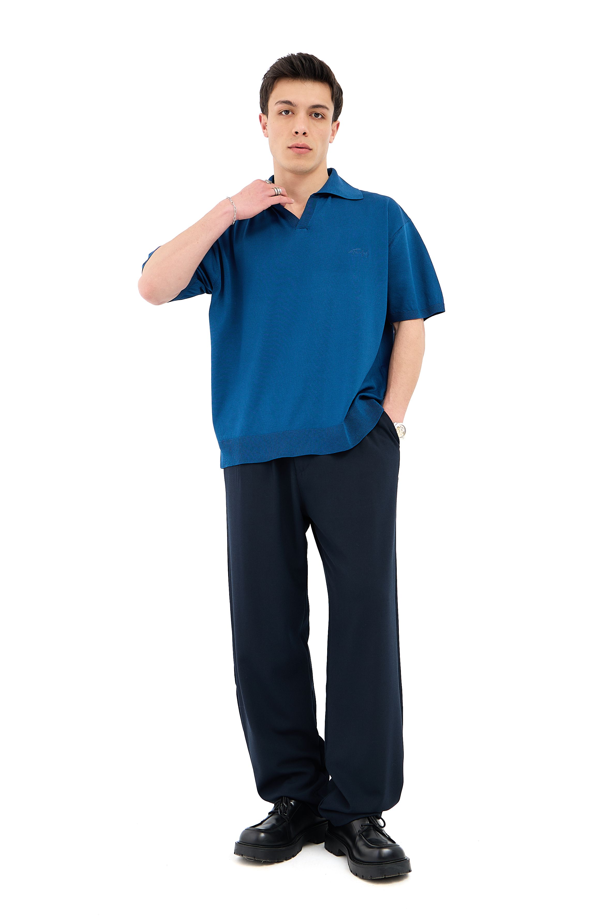 Crep Kumaş Polo Yaka Oversize Triko Tişört - PETROL MAVİSİ