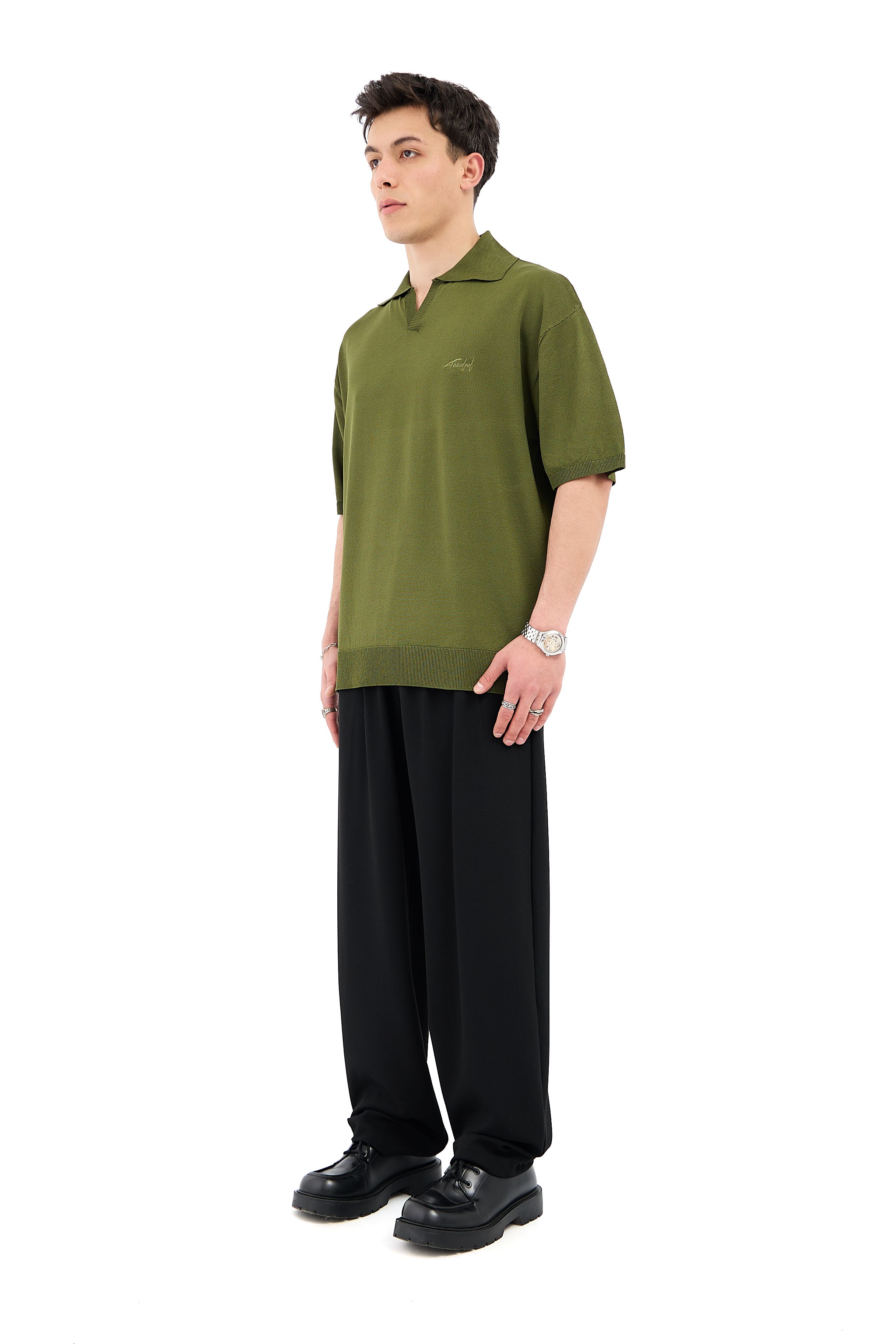 Crep Kumaş Polo Yaka Oversize Triko Tişört - YAĞ YEŞİLİ